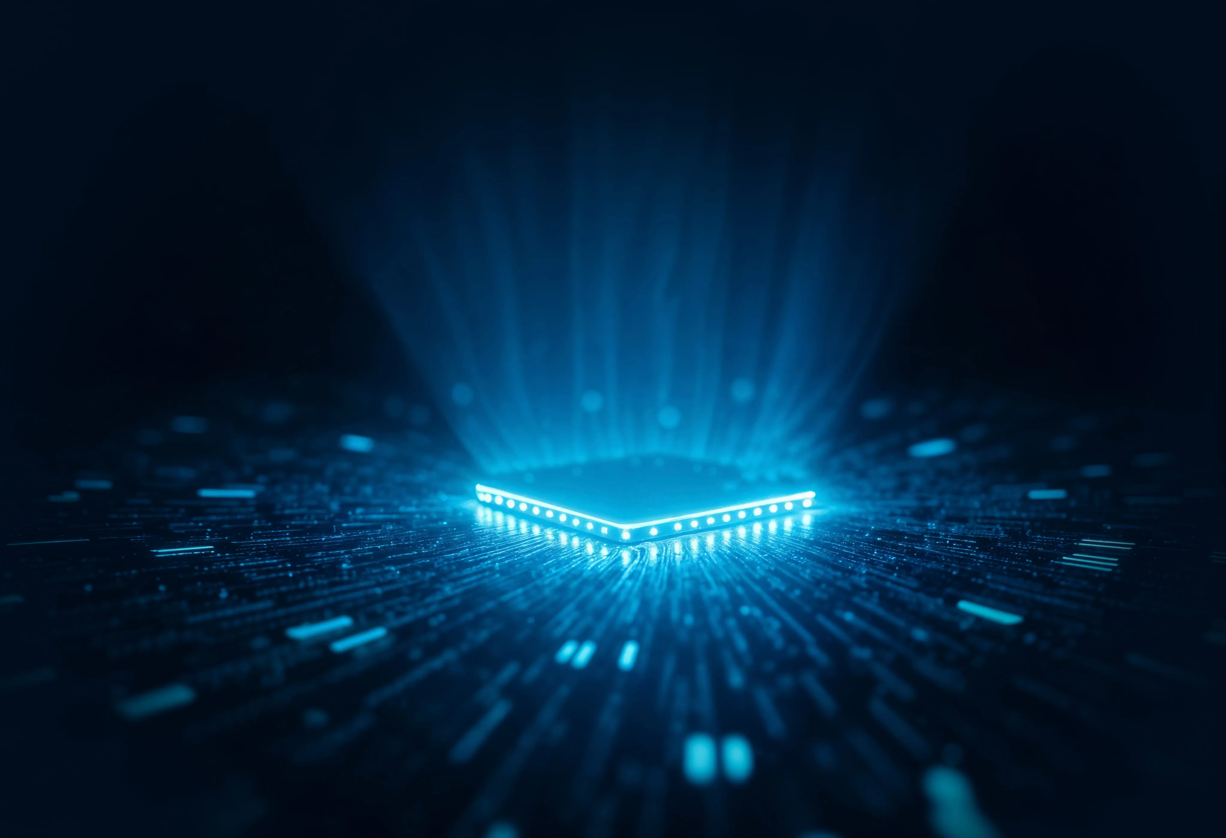 Glowing blue microchip on a circuit board with light rays emanating upward.