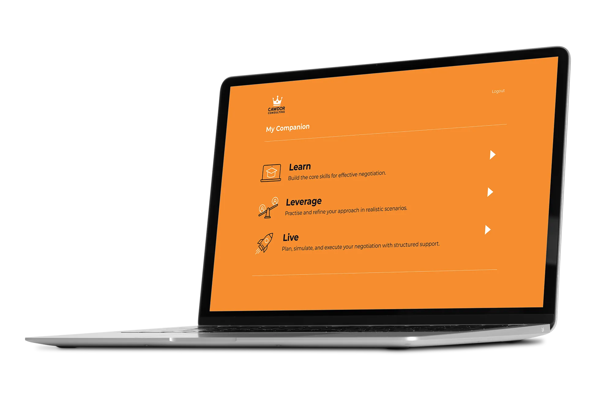Laptop screen displaying an orange interface titled 'My Companion' from Cawdor Consulting with options to Learn, Leverage, and Live for negotiation skills development.