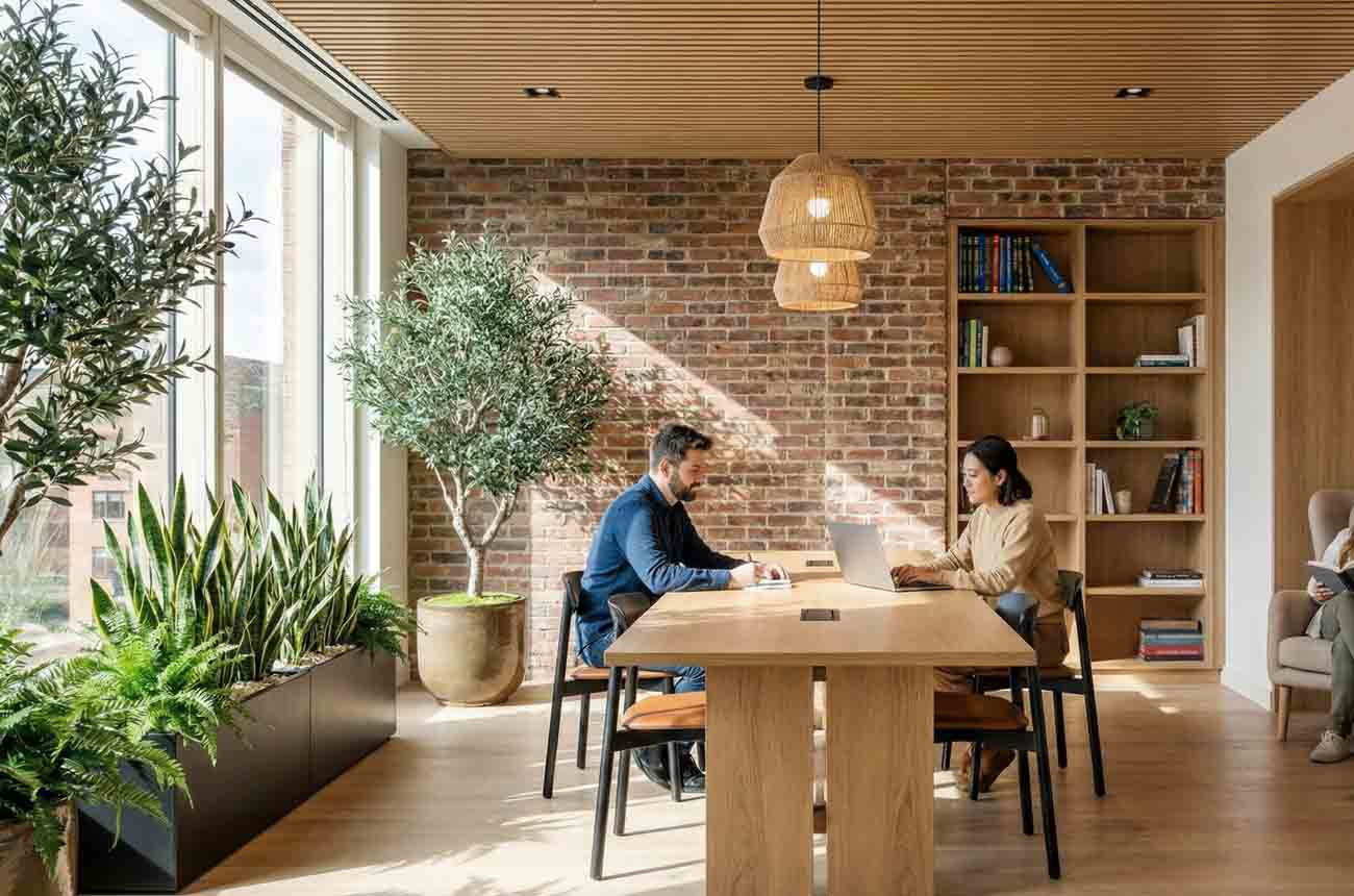 An open-plan workplace with wooden beams and natural light. The are is divided into activity-based zones, with a collaboration table and whiteboard, desk spaces, and a comfortable area with sofas and chairs. 