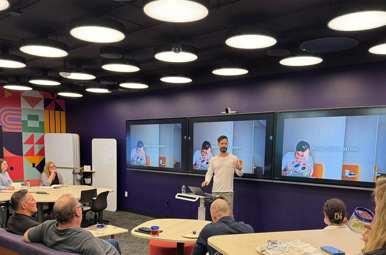 A training session in a workplace, with a presenter, screens and an audience. The slide reads "Noise causes stress".