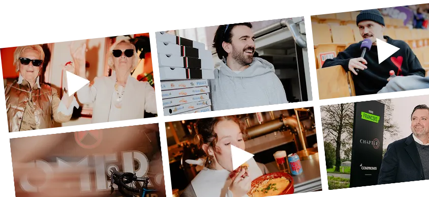 Collage of six photos featuring people in casual settings, including elderly women with sunglasses, a man holding pizza boxes, a person eating pizza, and individuals in interviews or outdoor settings.