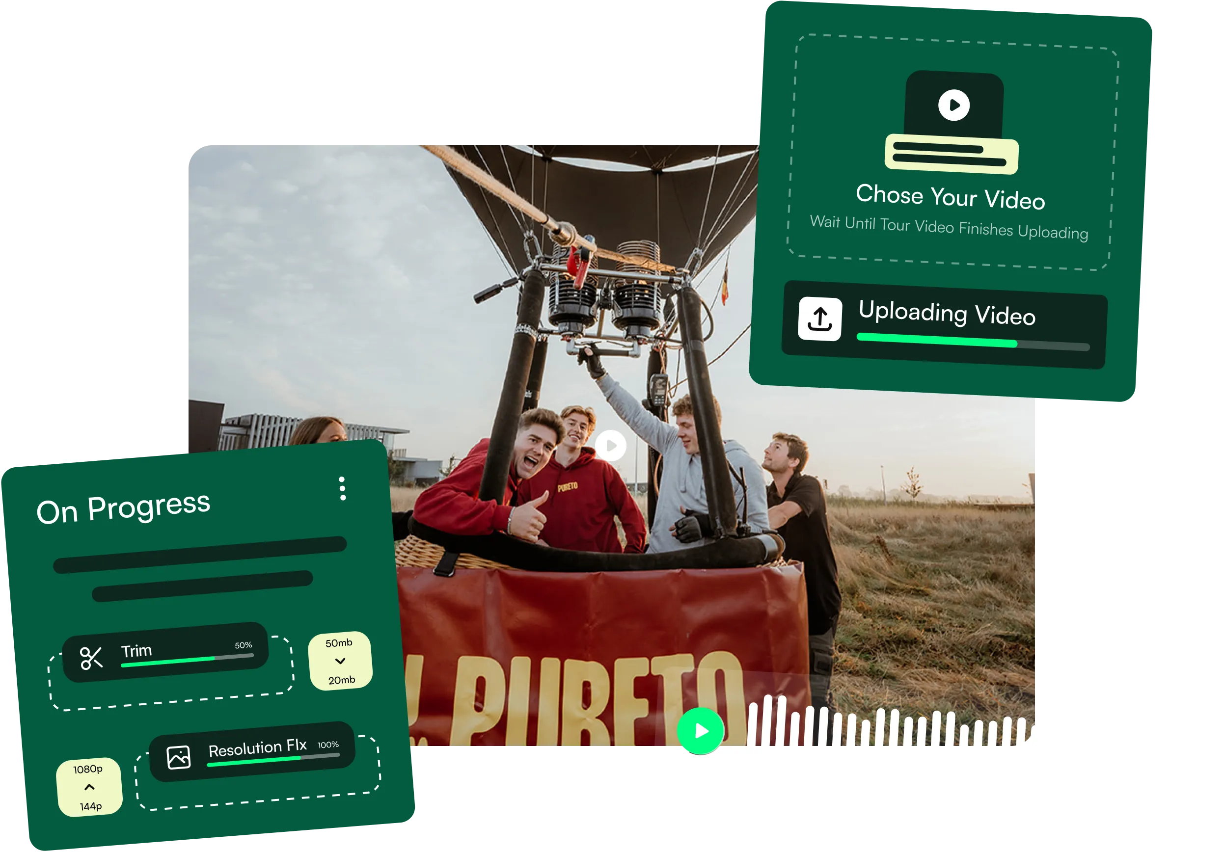 Four people in a hot air balloon basket preparing for flight in an open field at sunset.