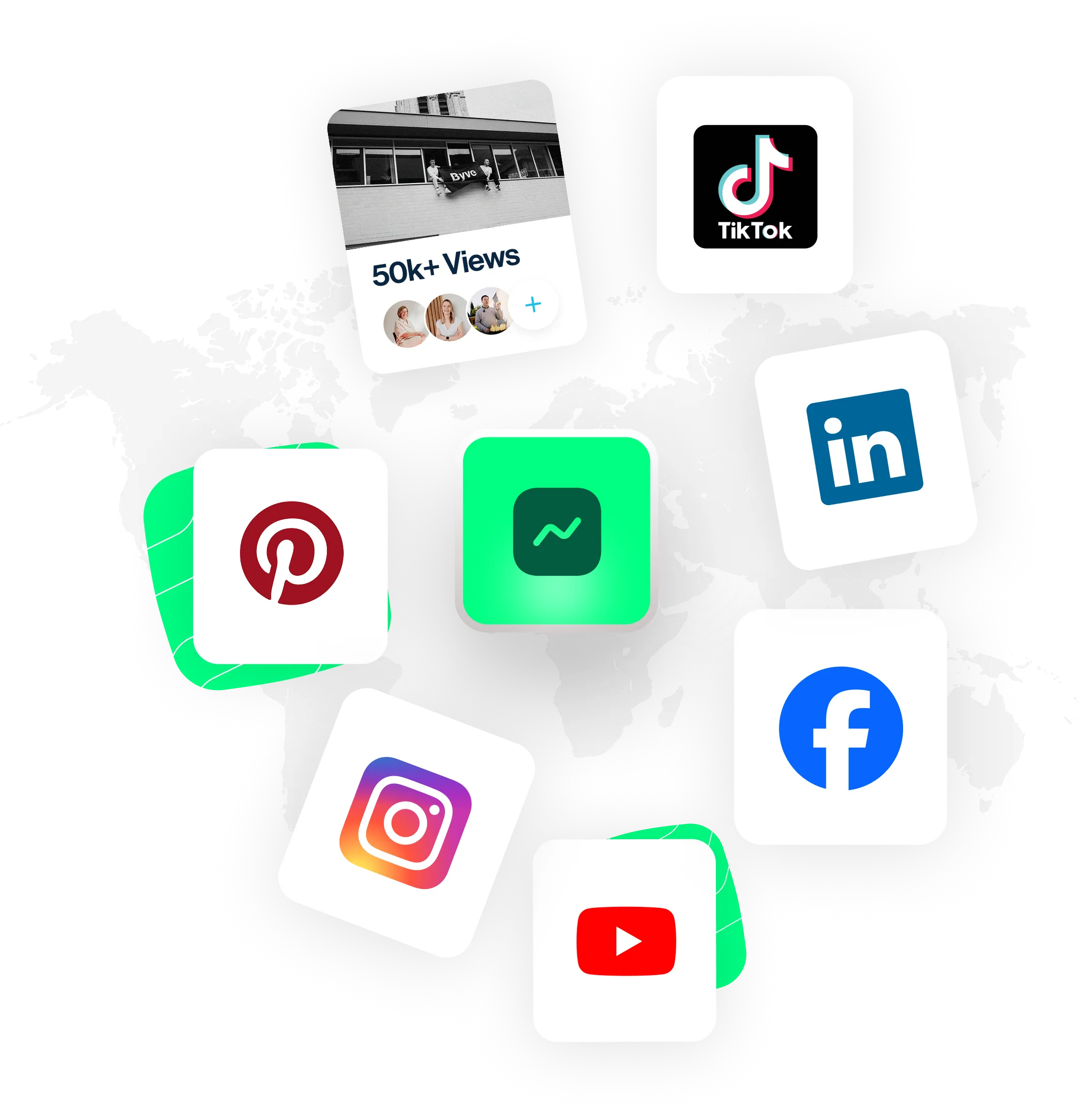 World map background with floating icons of social media platforms including TikTok, Pinterest, LinkedIn, Facebook, Instagram, and YouTube, along with a notification card showing 50k+ views.