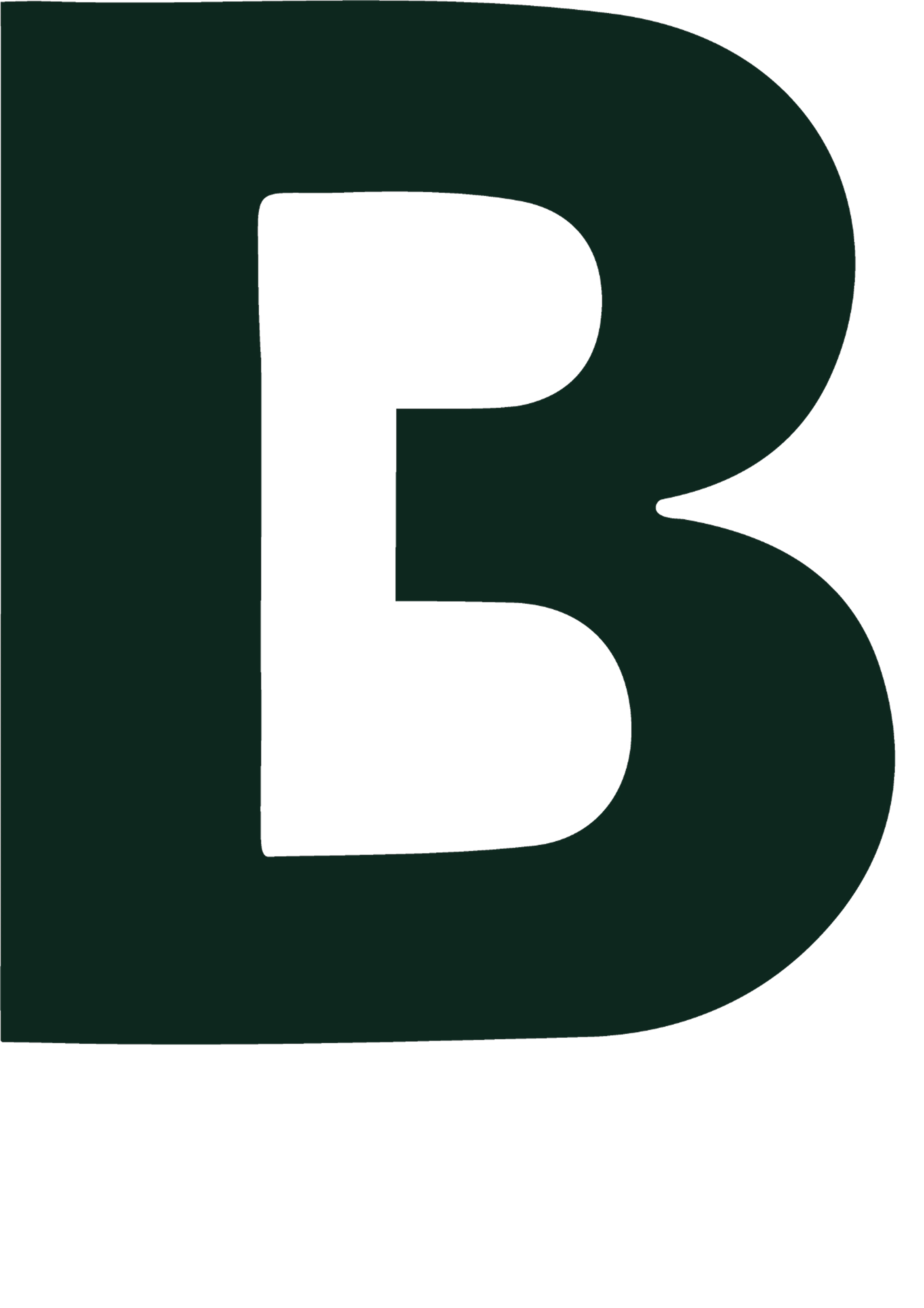 Close-up of a large dark green capital letter B on a black background.