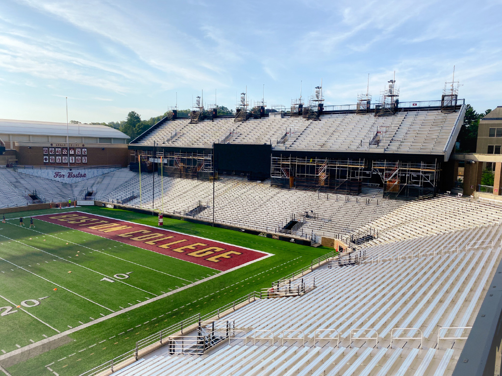 Scaffolding rising at Boston College Alumni Stadium