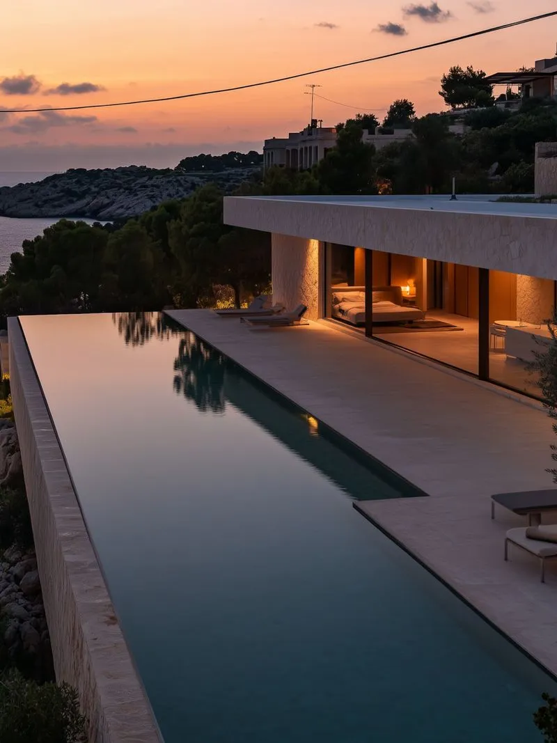 A house with a swimming pool in front of it.