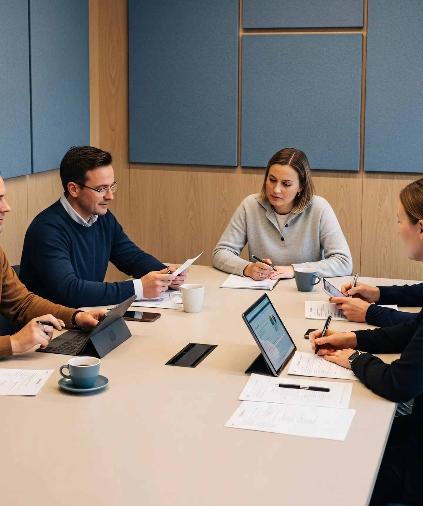 A group of people sitting around a table with laptops.