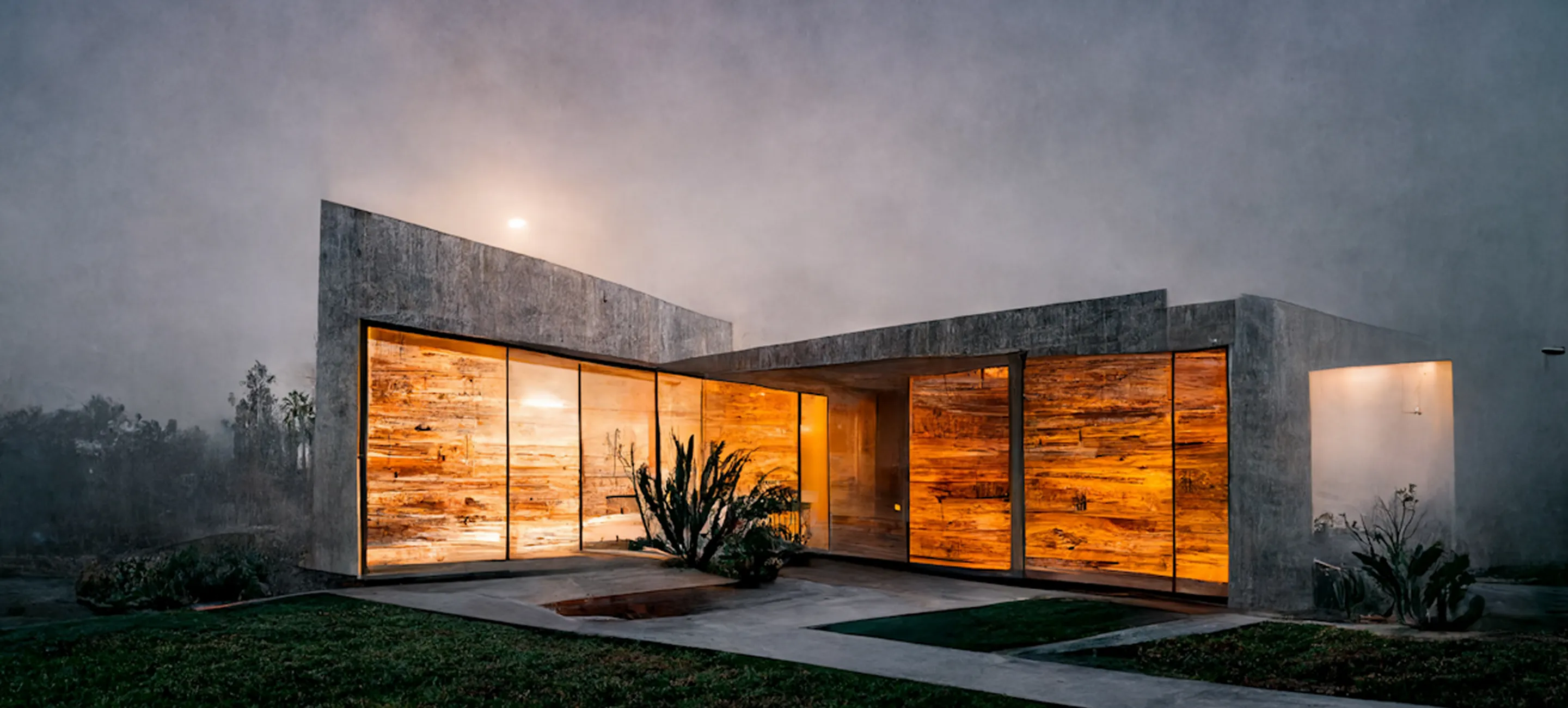 A concrete house with a cactus in front of it.