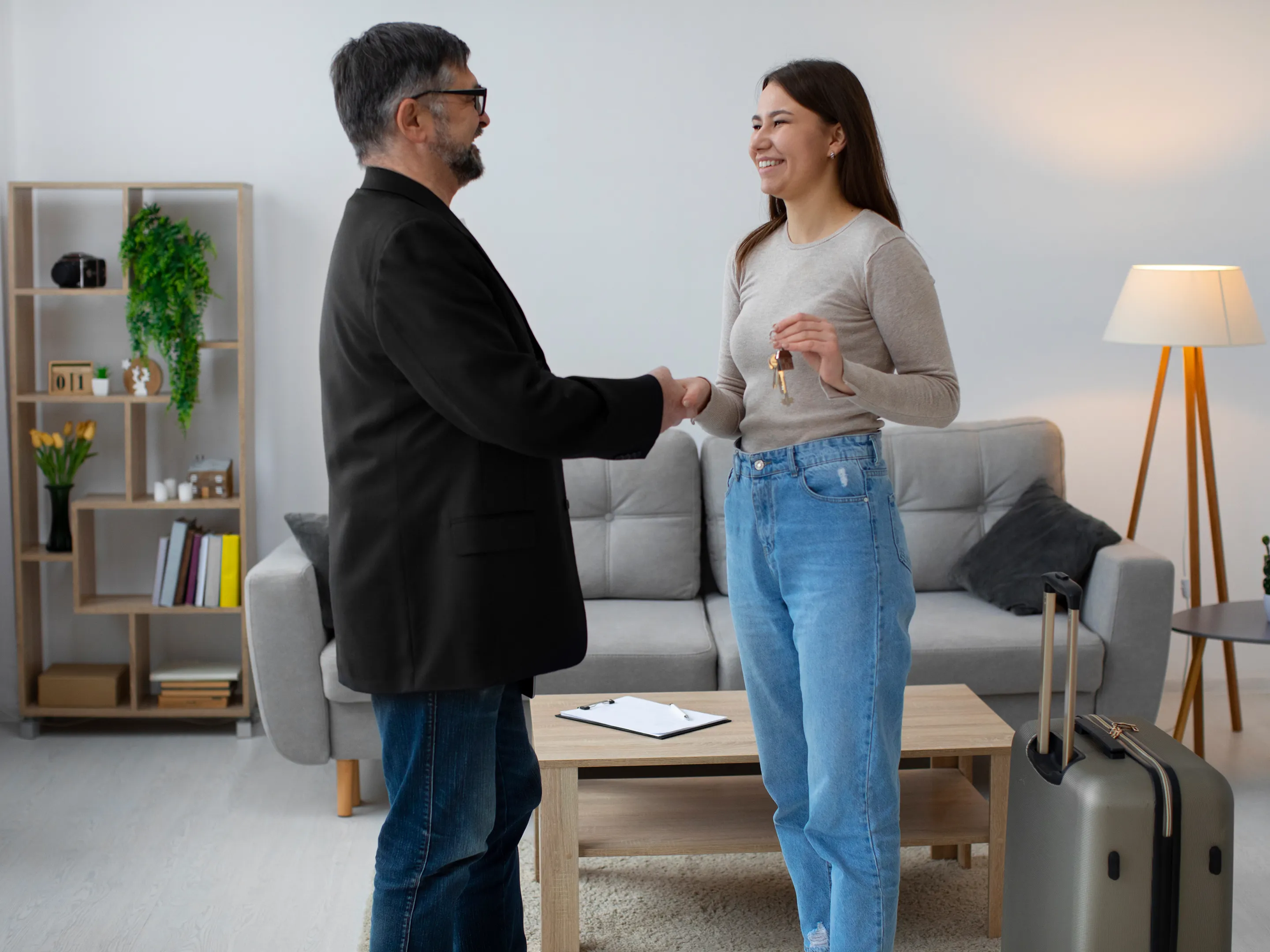 A man and a woman shaking hands in a living room.