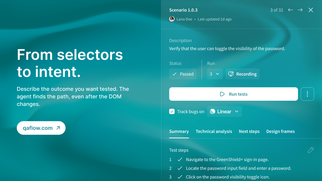 A QA flow test scenario written in plain English, passing, beside the line "From selectors to intent."
