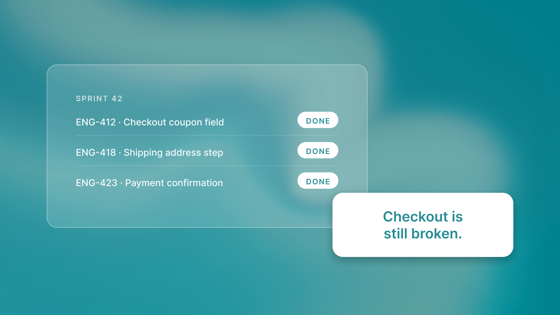 A sprint board with every ticket marked DONE, overlapped by a white card reading Checkout is still broken.