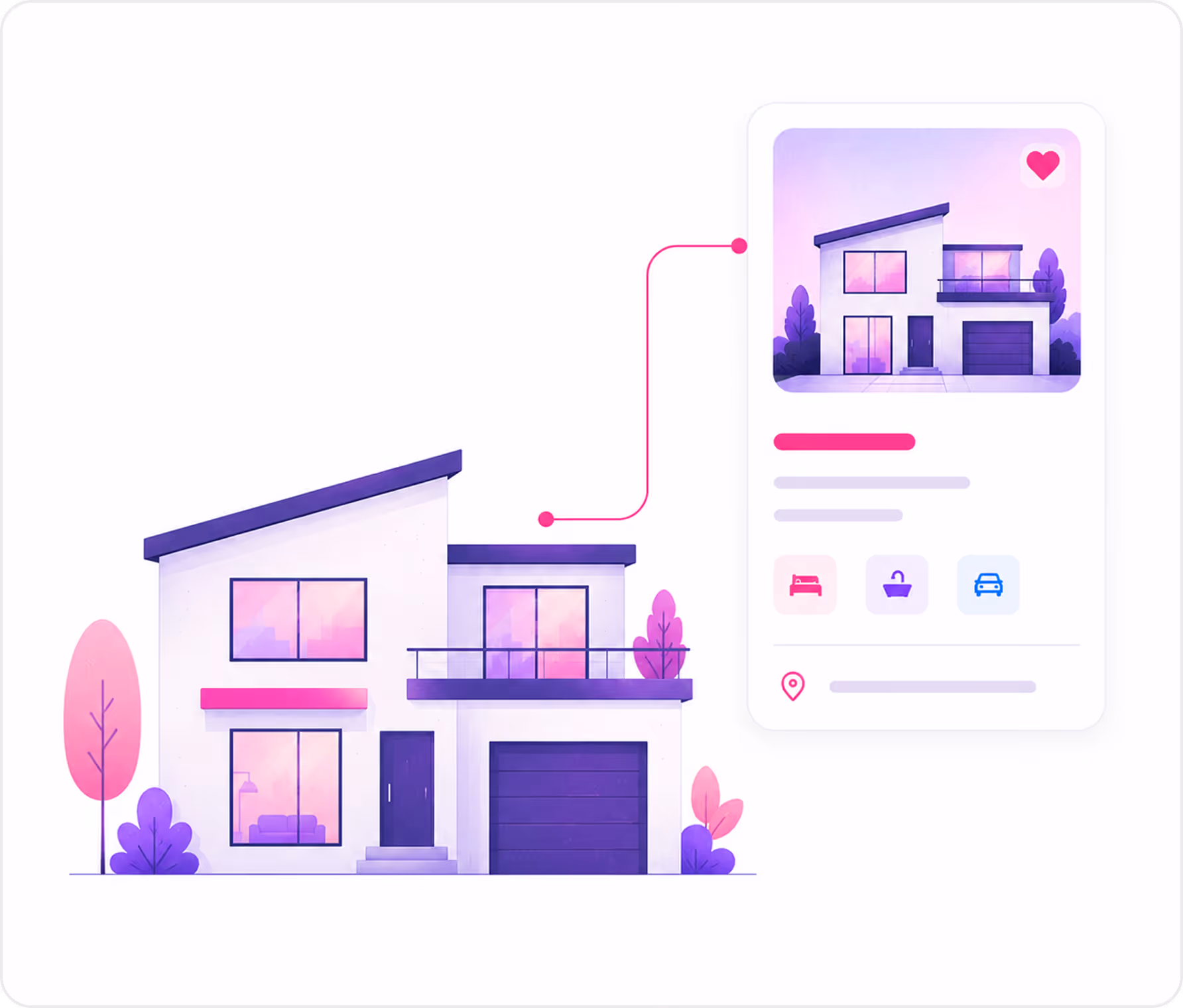 Modern two-story house with angled roof and garage next to a real estate listing card.
