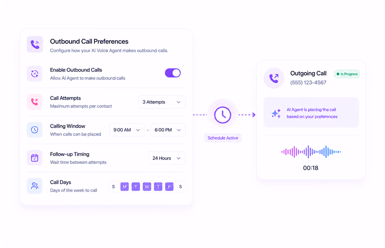 Outbound call settings for AI voice agent with options for attempts, calling window, follow-up, and call days.