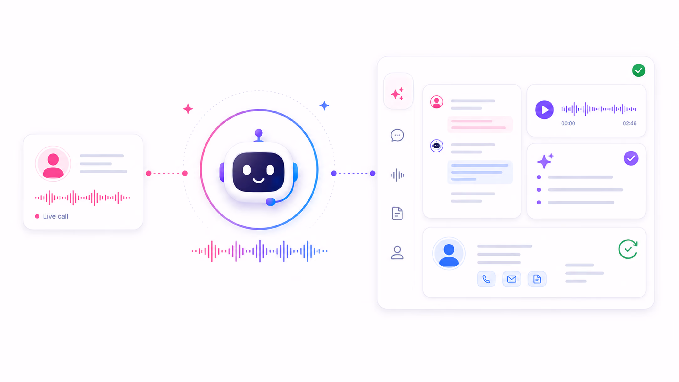 Illustration of a smiling chatbot connected to a live call and a user interface with voice and message logs.
