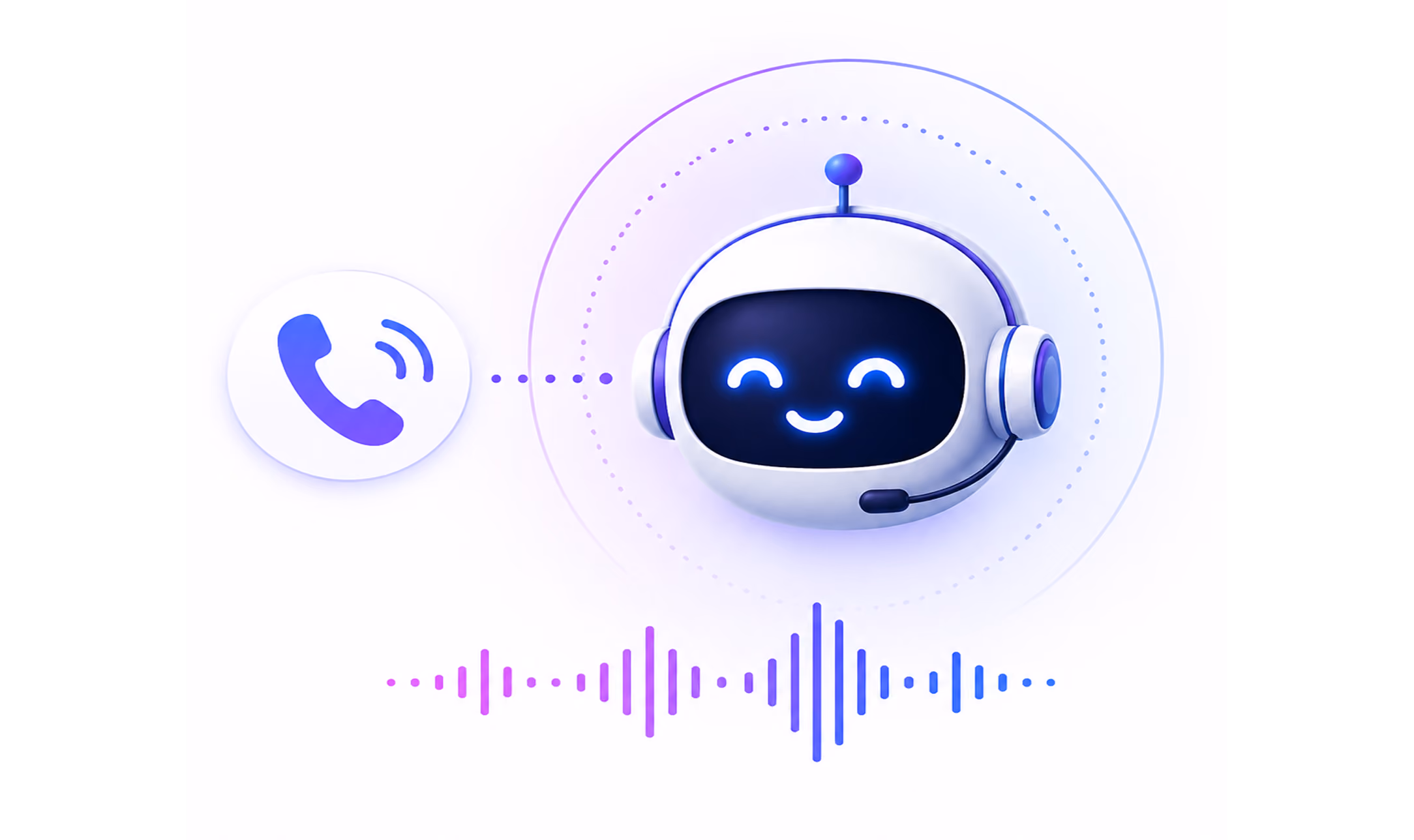 Smiling chatbot with headset next to phone icon and colorful voice waveform bars below.