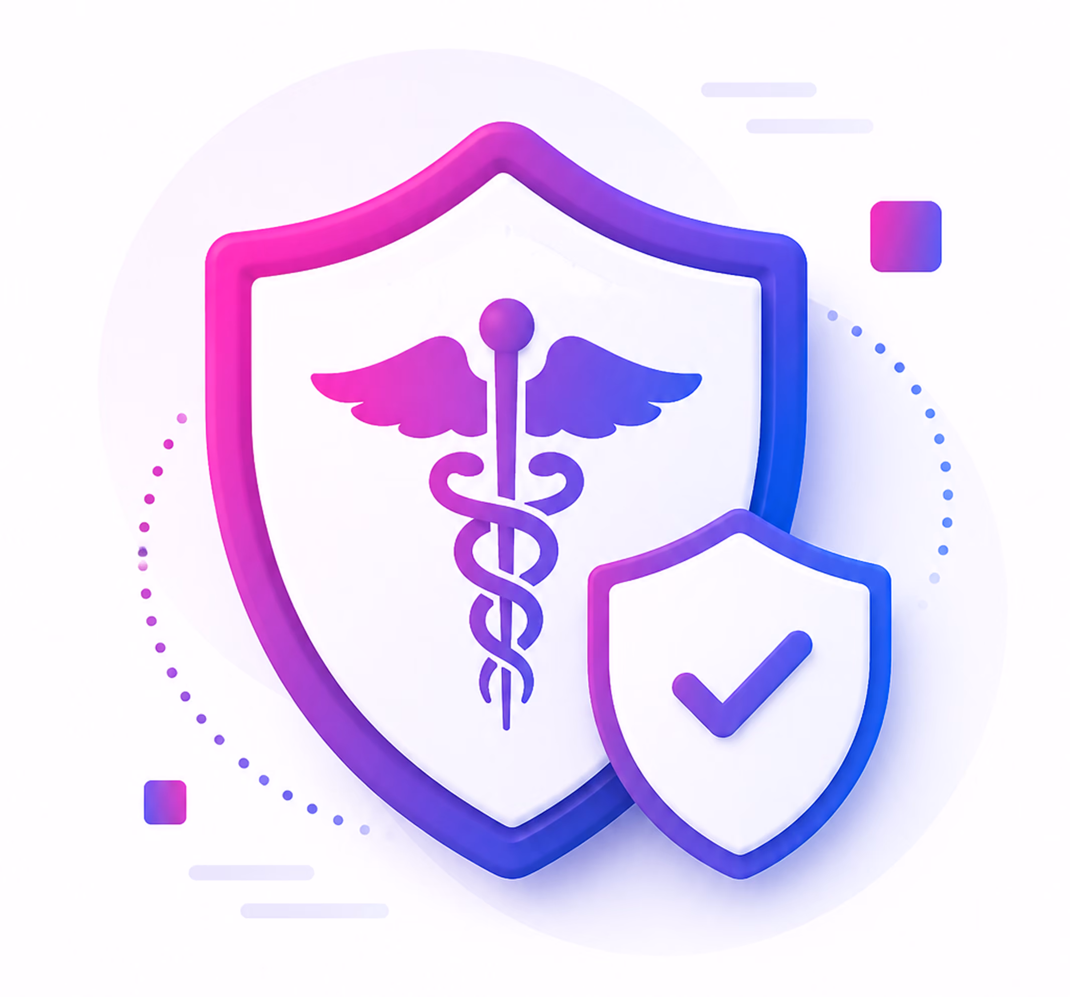 Two shields with medical caduceus symbol and checkmark representing health and security.
