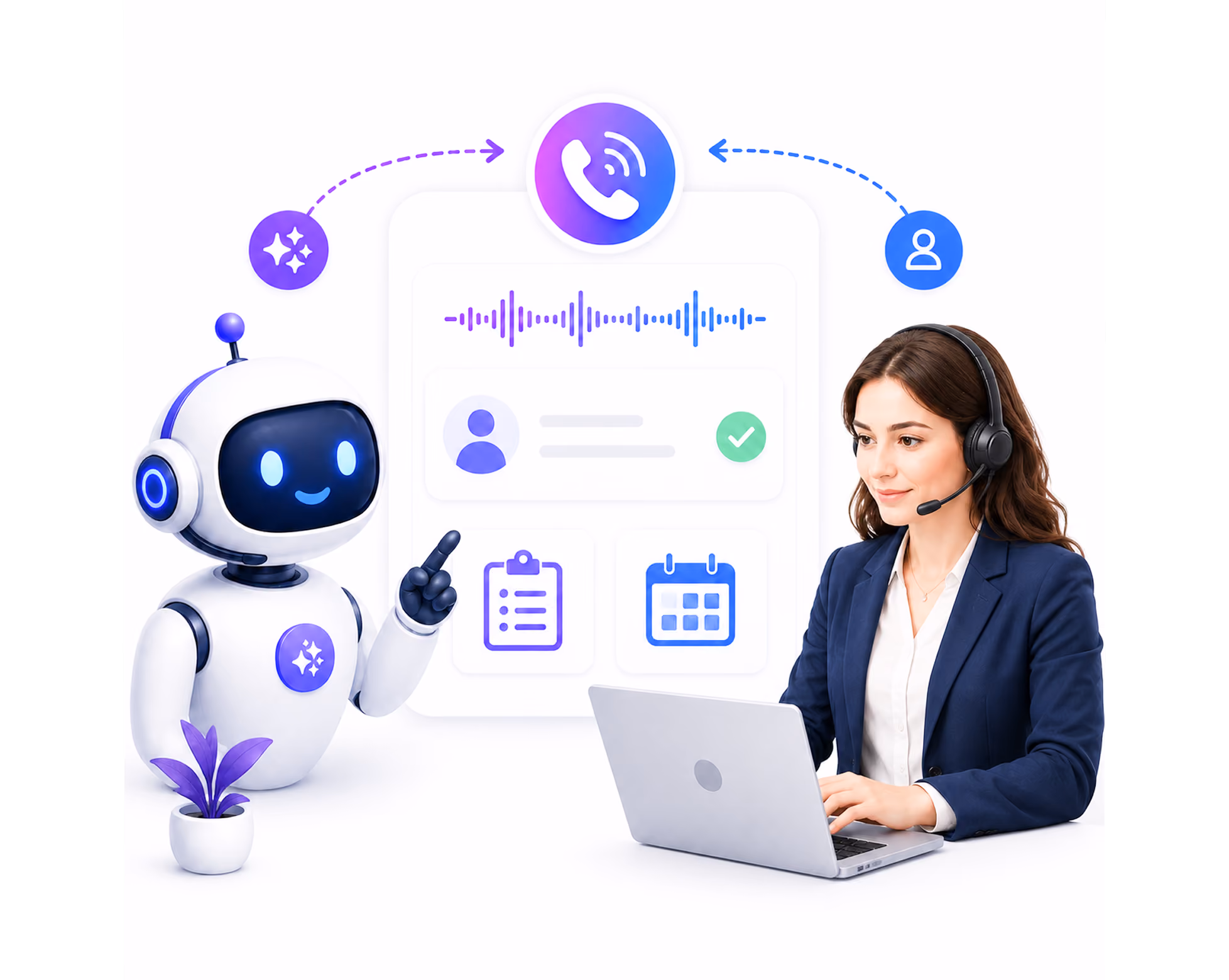 Robot pointing to call interface while woman with headset types on laptop illustrating human call handling.