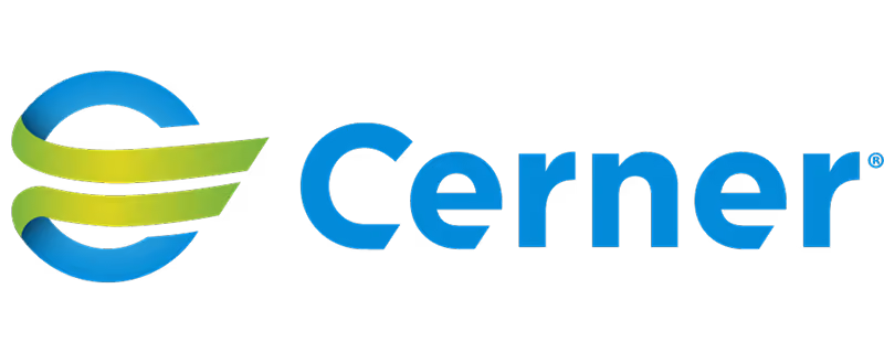 Cerner logo with stylized blue and green letter E icon on the left and blue text on the right.
