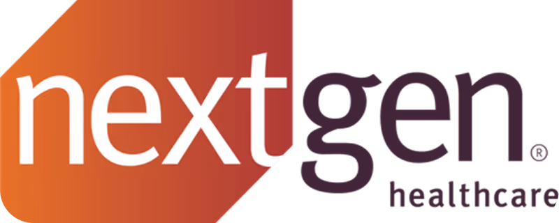 Nextgen healthcare logo with next in white on orange and gen healthcare in dark purple.
