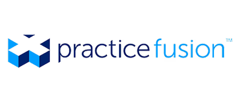 Practice Fusion logo with geometric blue icon and text in black and blue.