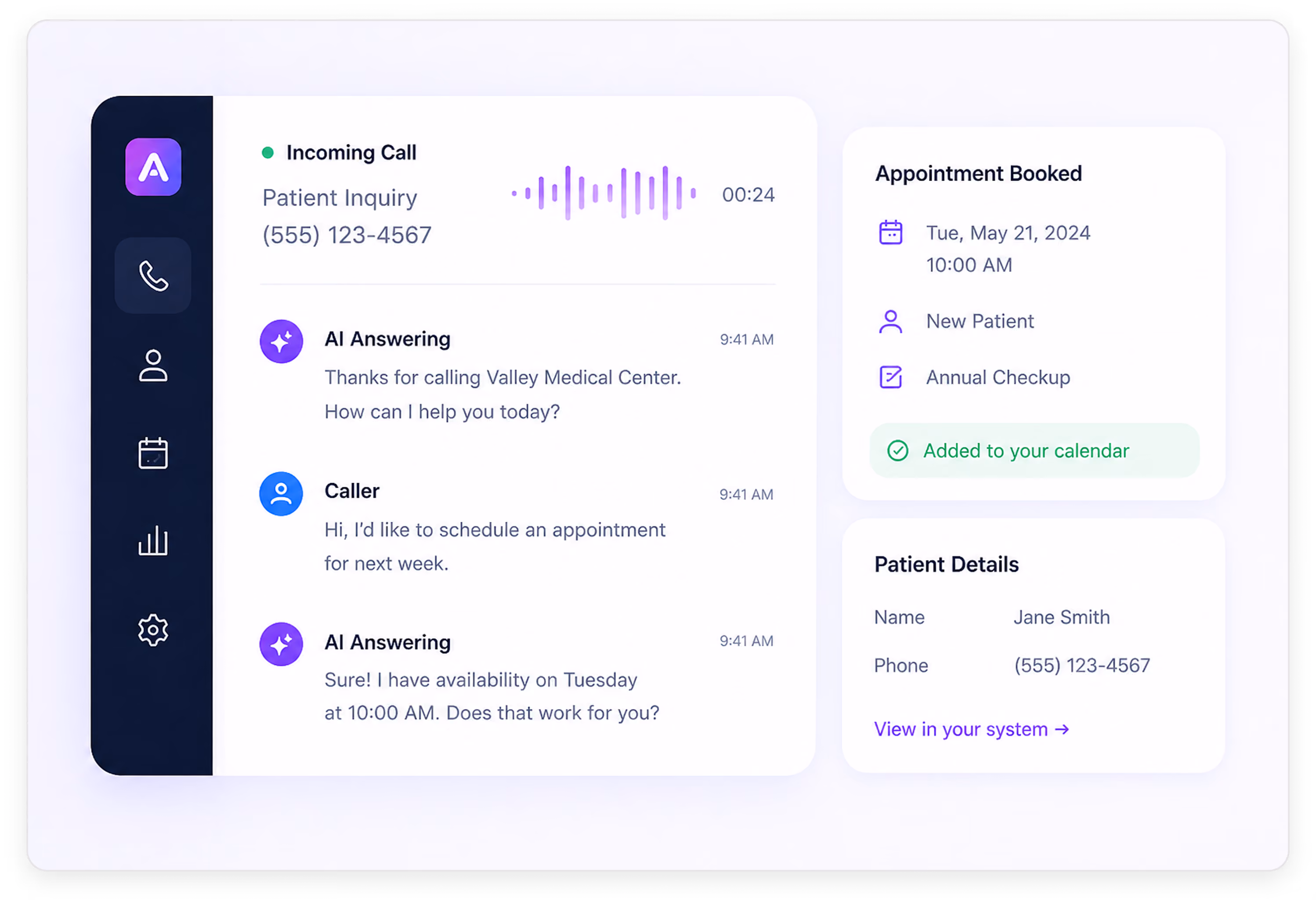 Healthcare app interface showing AI answering an incoming patient call and booking a May 21 appointment.