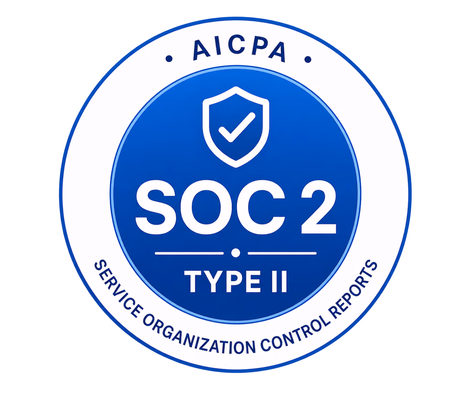 Blue and white AICPA SOC 2 Type II service organization control report badge with shield and checkmark.