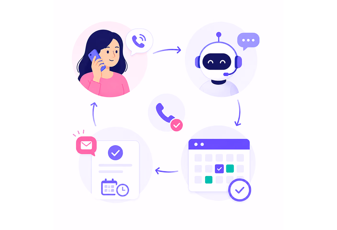 Flowchart showing a woman calling, chatbot responding, calendar scheduling, and confirmation message.