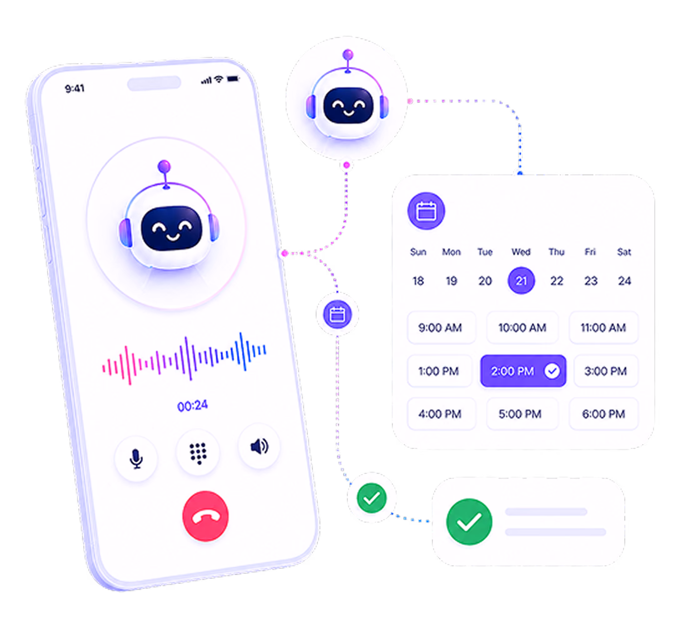 Smartphone with smiling chatbot, voice wave, call controls, linked to calendar showing selected appointment.