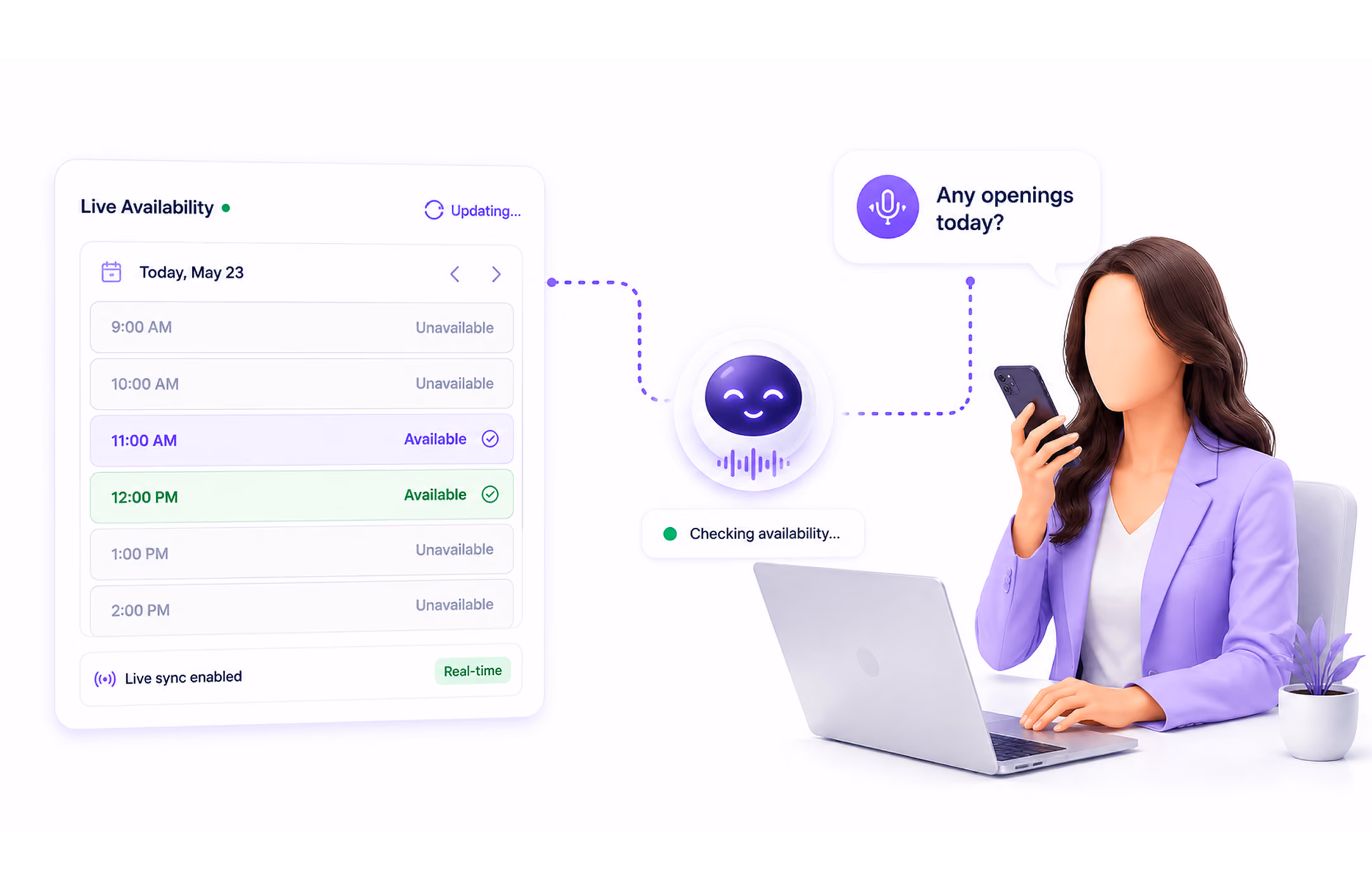 Woman in purple blazer asks phone about openings while AI checks live availability on laptop.