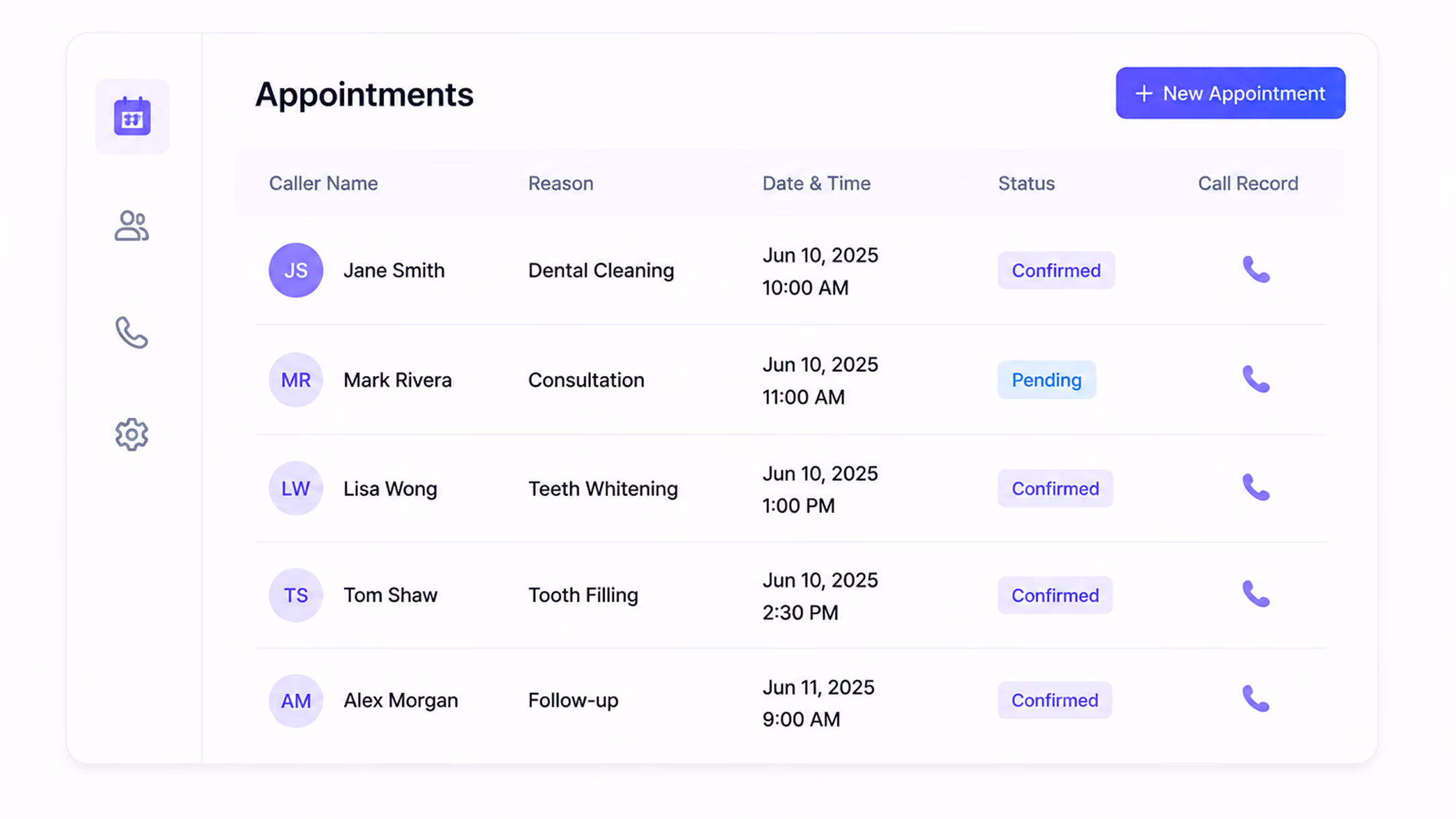 Appointment list showing callers, reasons, dates, statuses, and call icons with a new appointment button.