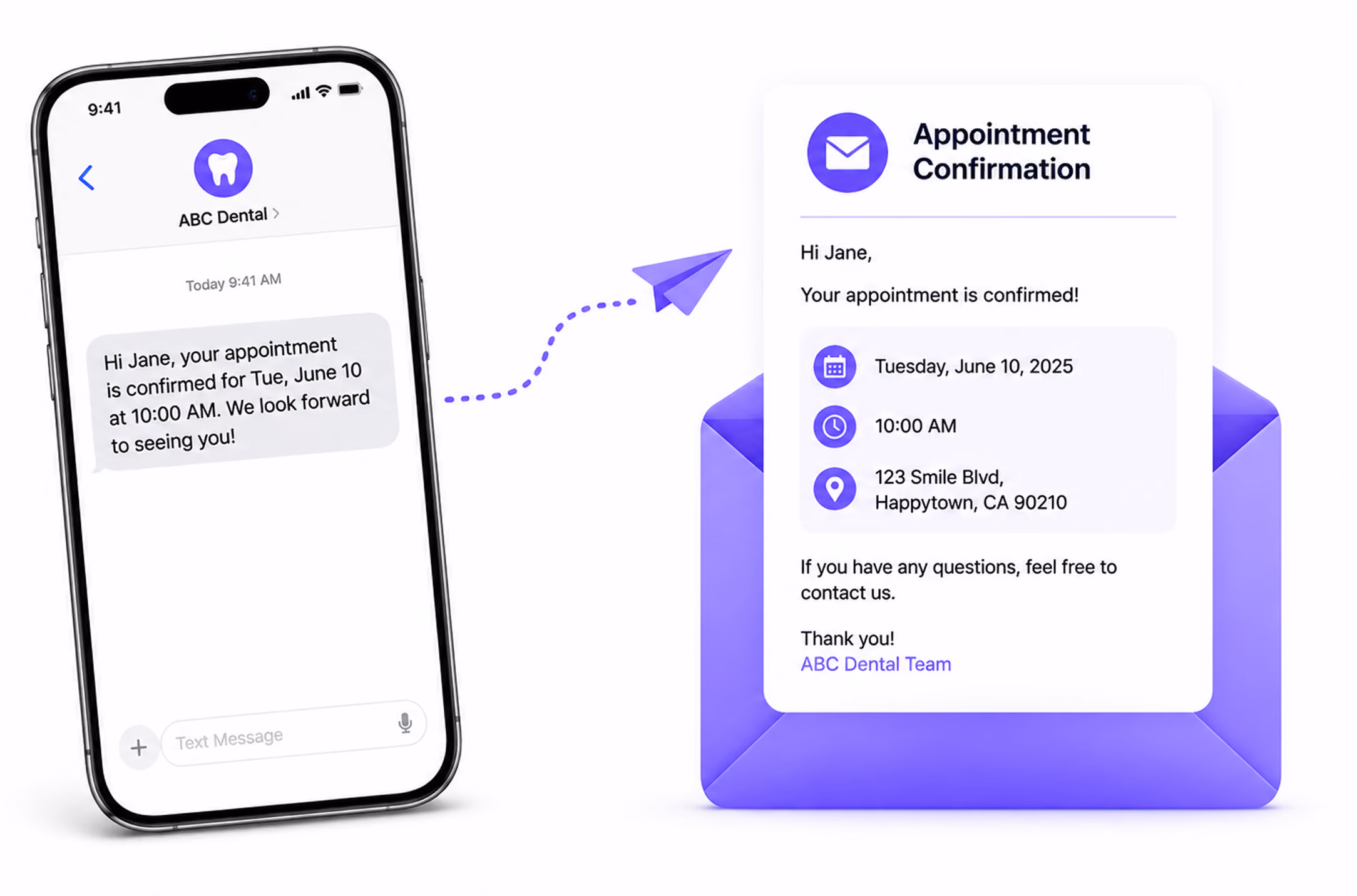 Phone showing dental appointment confirmation text and purple envelope with detailed appointment confirmation card.