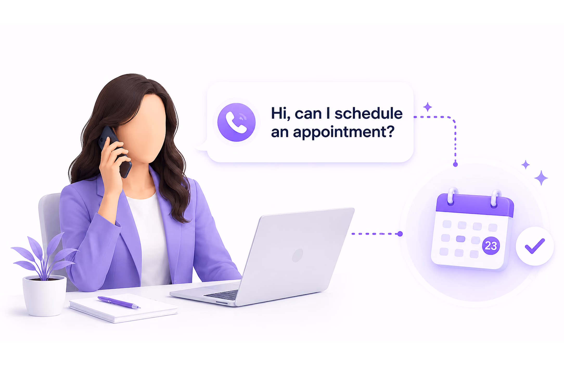 Person in purple jacket scheduling appointment by phone with laptop and calendar showing 23rd date.