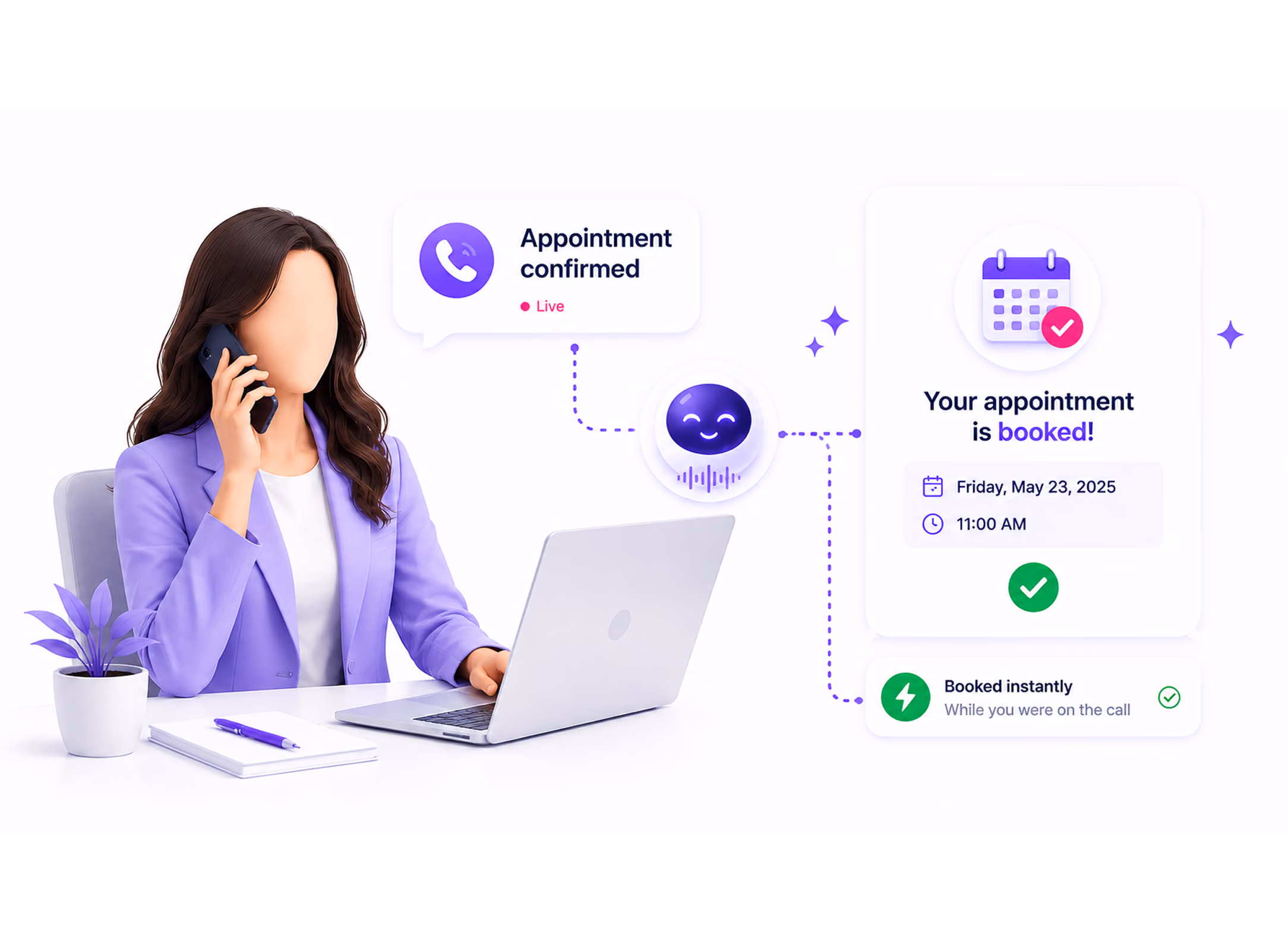 Woman in purple blazer on phone at desk with laptop, appointment confirmation and calendar booking details.