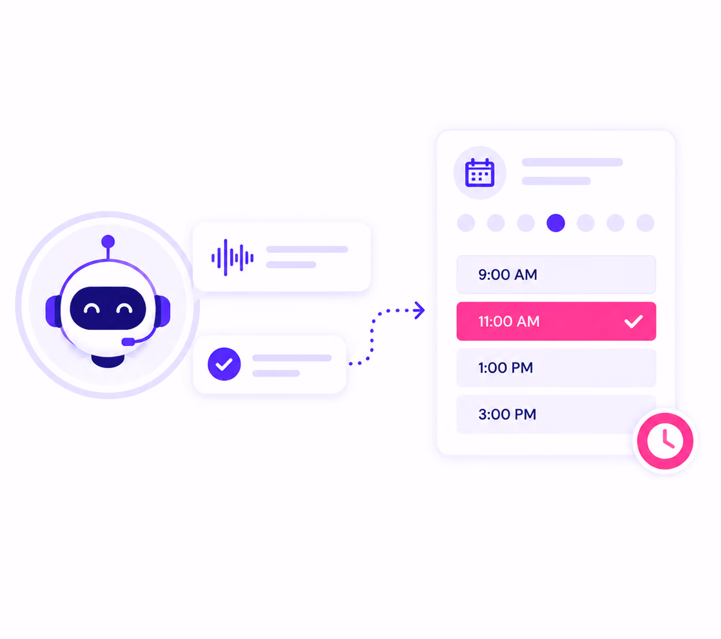 Chatbot with voice and checkmark icons routing to a calendar showing 11:00 AM selected.