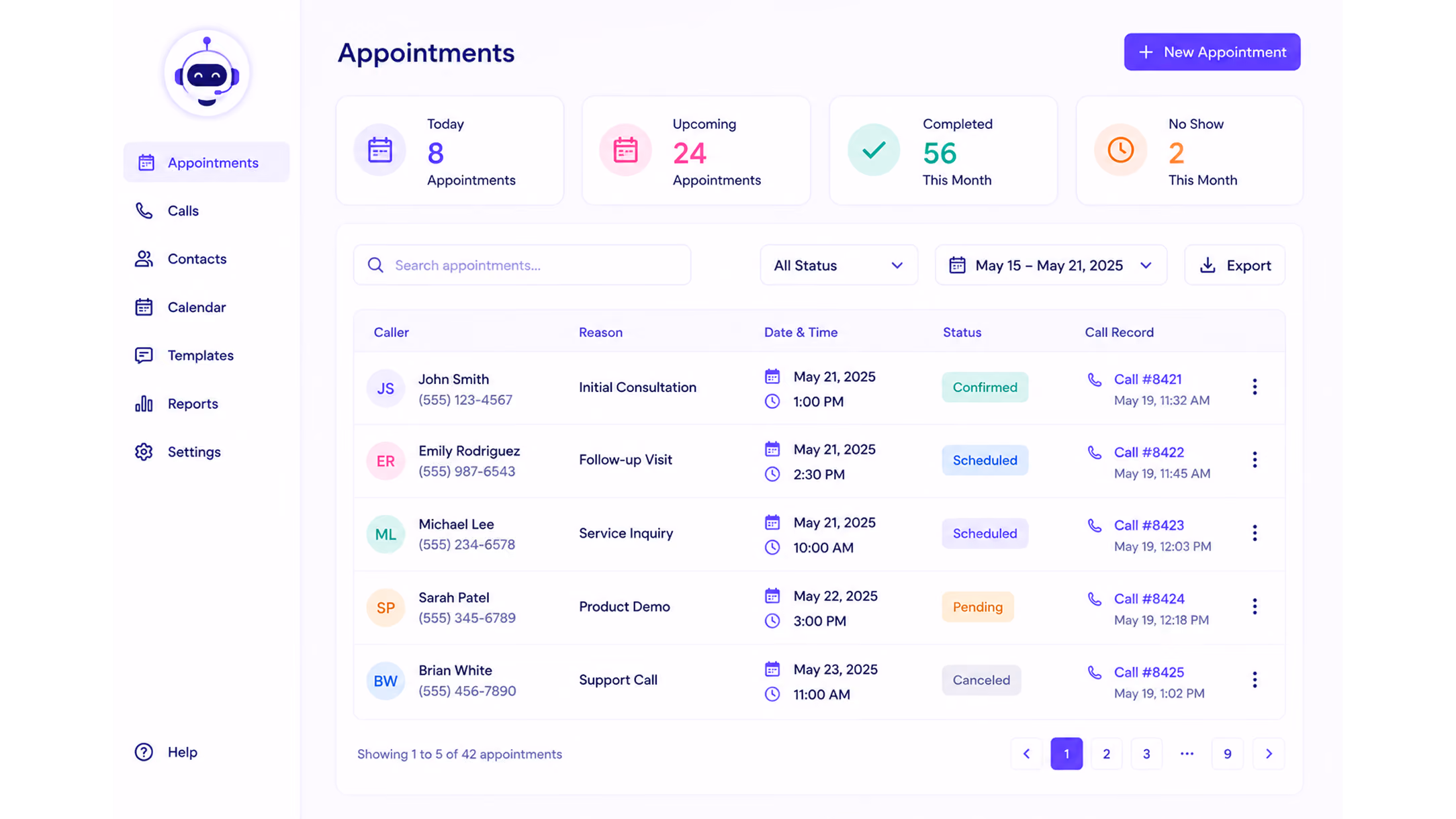 Appointment dashboard showing today, upcoming, completed, no-show counts with detailed appointment list.