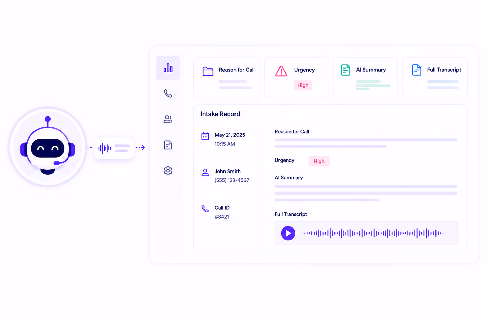 Chatbot interface showing call intake record including urgency, AI summary, and full transcript with audio play button.