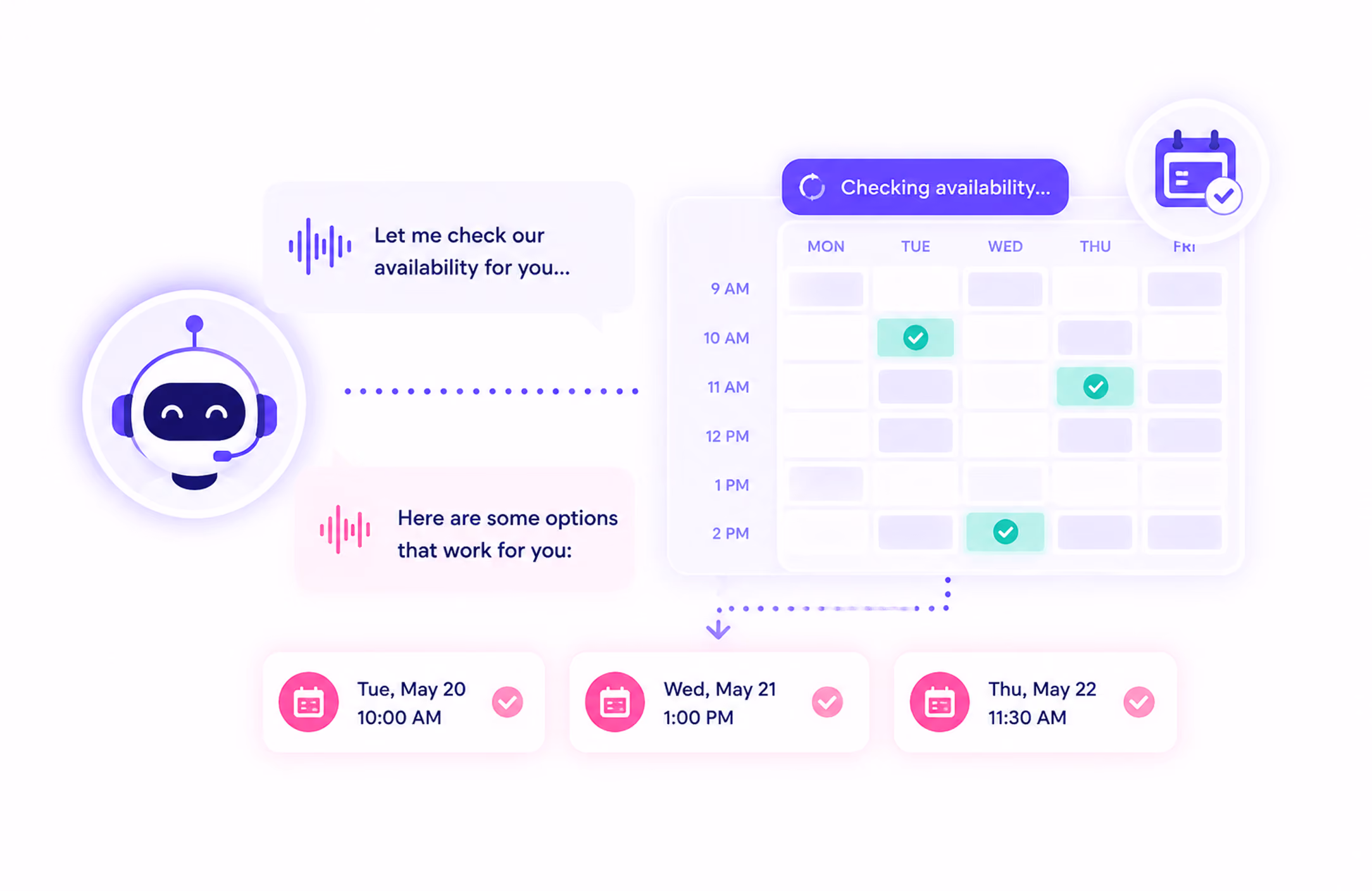 Chatbot checks calendar availability and suggests three appointment slots on May 20, 21, and 22.