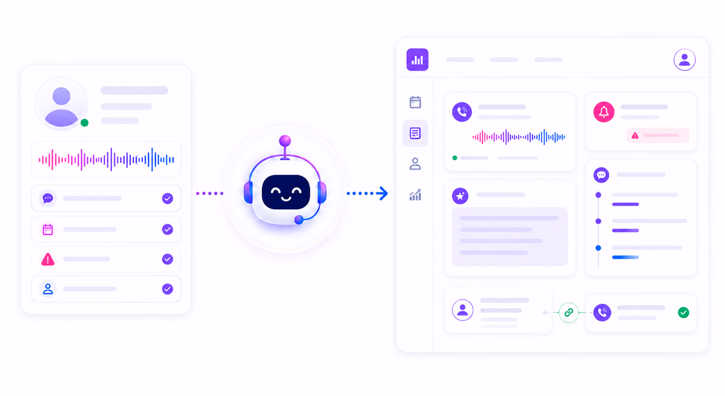 Illustration of a chatbot processing user data and generating detailed analytics on a dashboard.