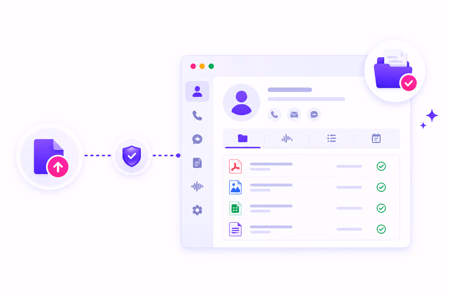 Interface showing organized submissions with file icons and verified status in a sidebar app layout.