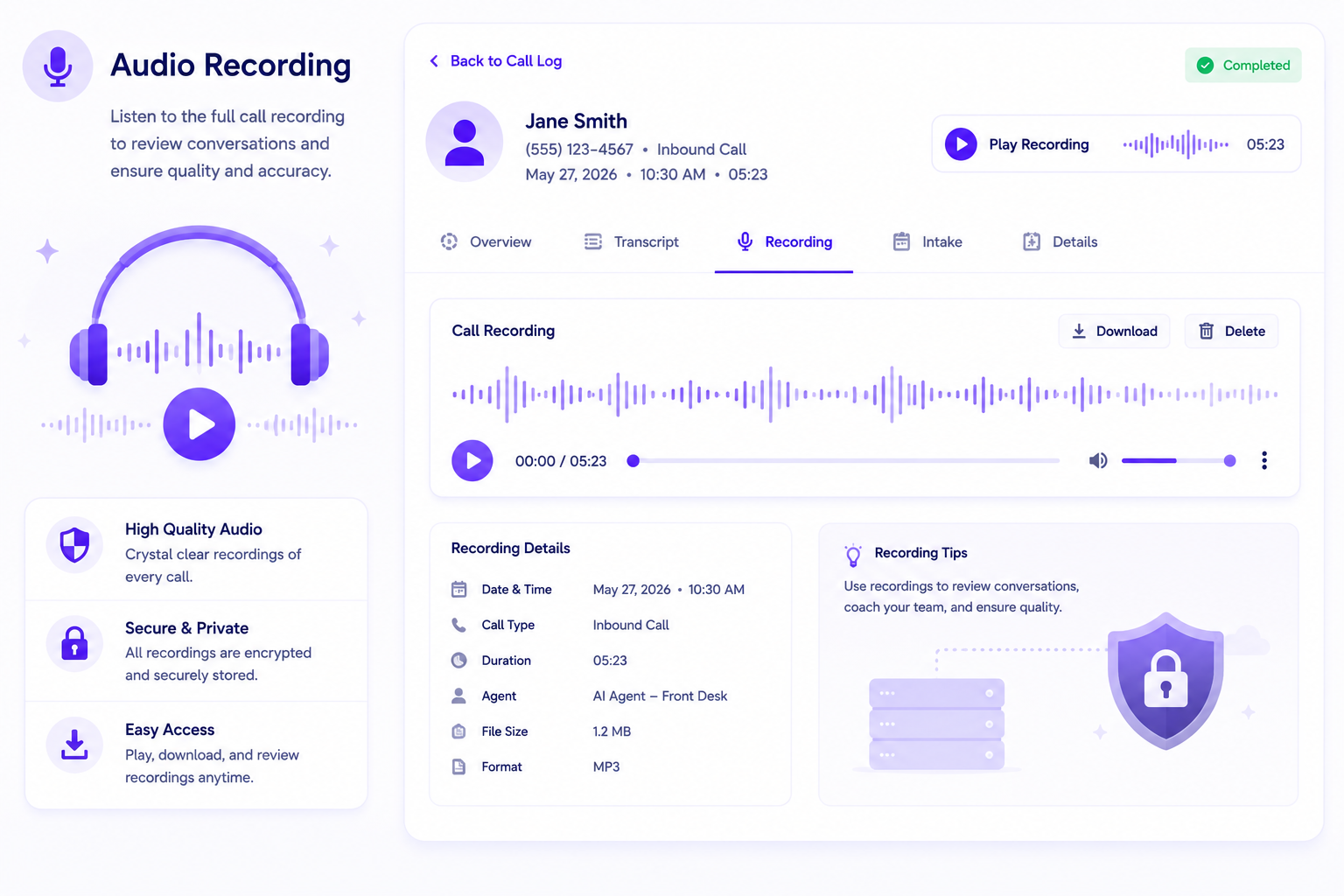 Audio recording interface showing call log, playback controls, recording details, and security features.