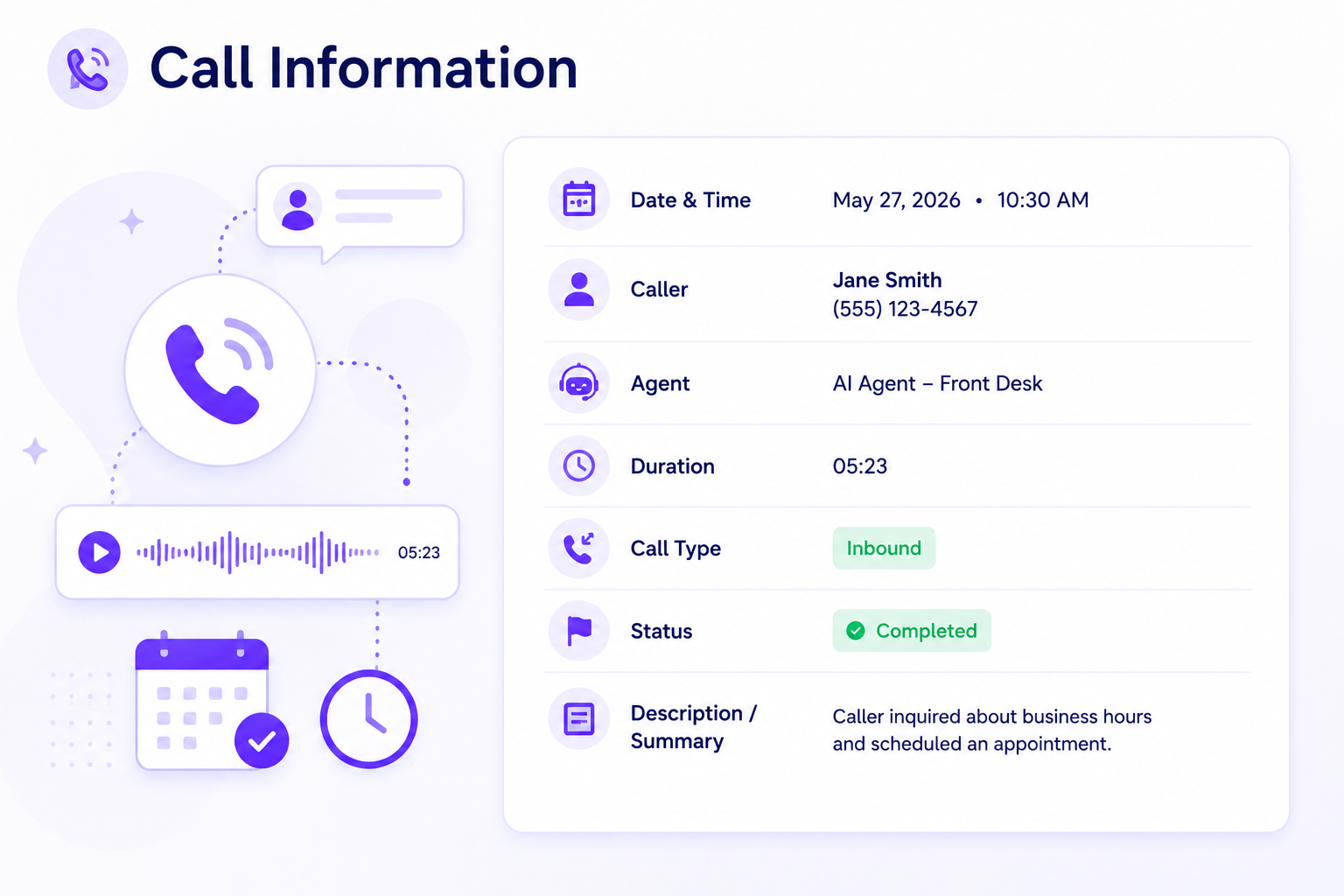 Call information panel with caller Jane Smith, date May 27, 2026, 10:30 AM, 5:23 duration, AI agent, inbound call completed.