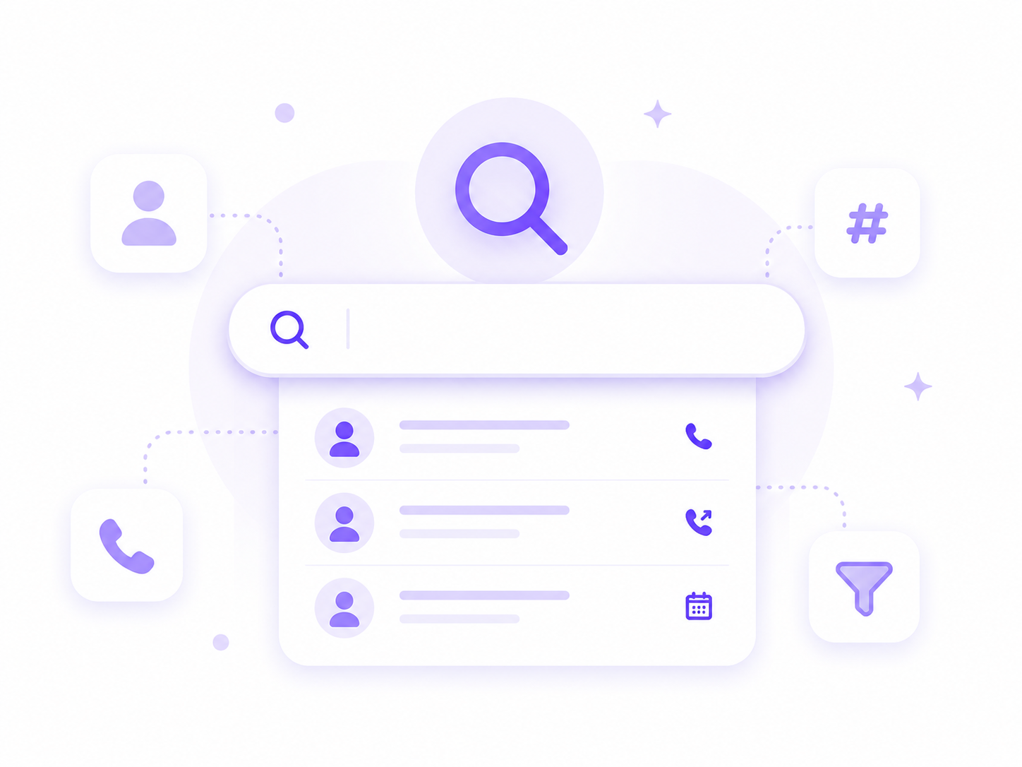 Search bar with user icons, phone, calendar, hashtag, and filter icons connected around it.