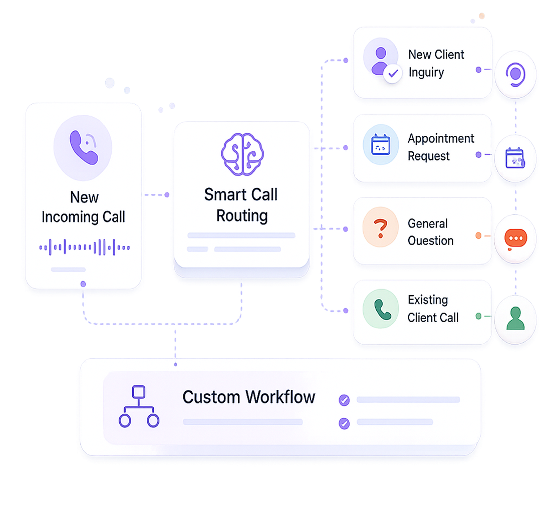 Flowchart showing new incoming call routed by smart call routing to client inquiry, appointment, question, or existing call.
