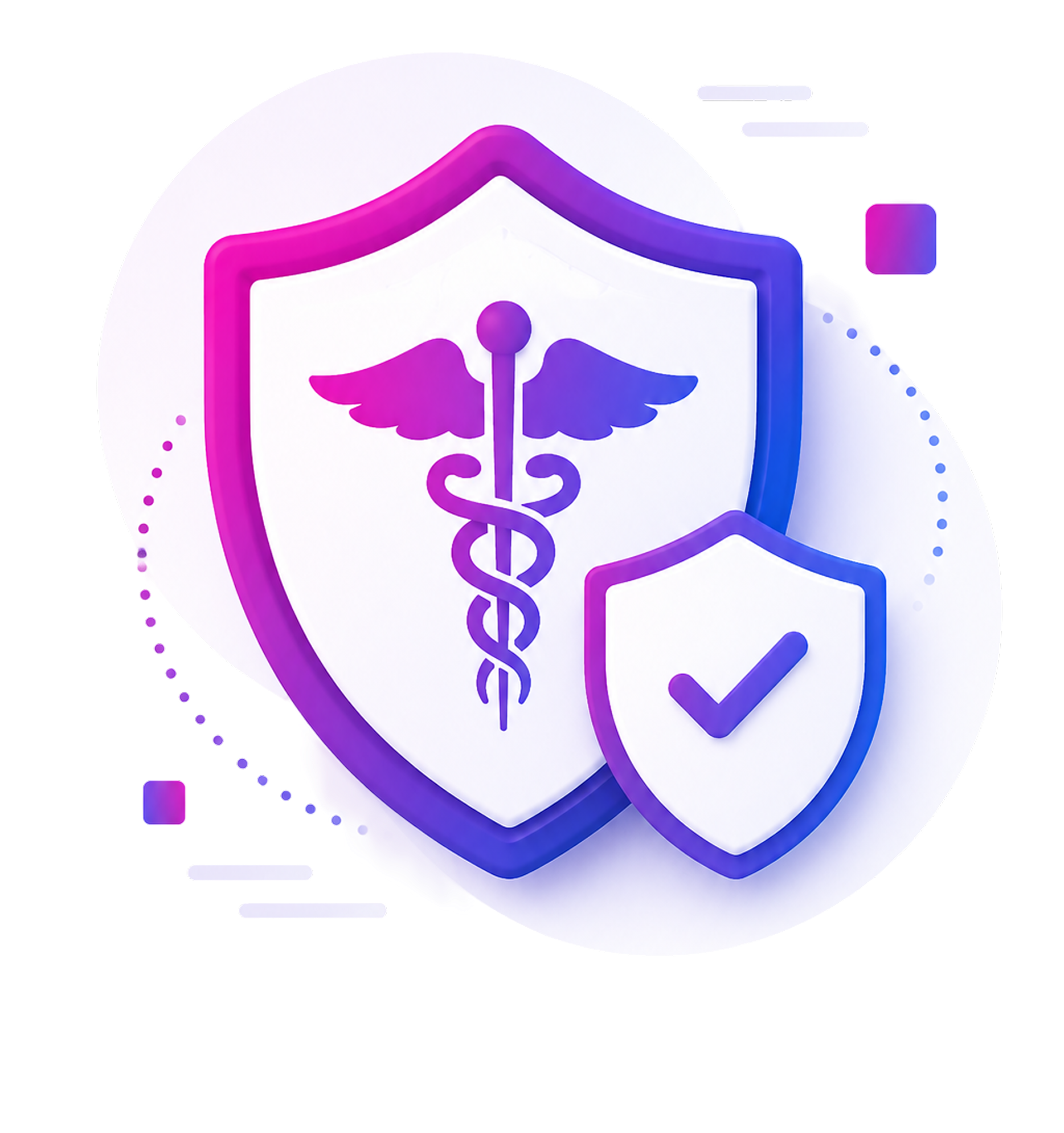 Two shields with gradient outlines, one with a medical caduceus symbol and a smaller one with a checkmark.