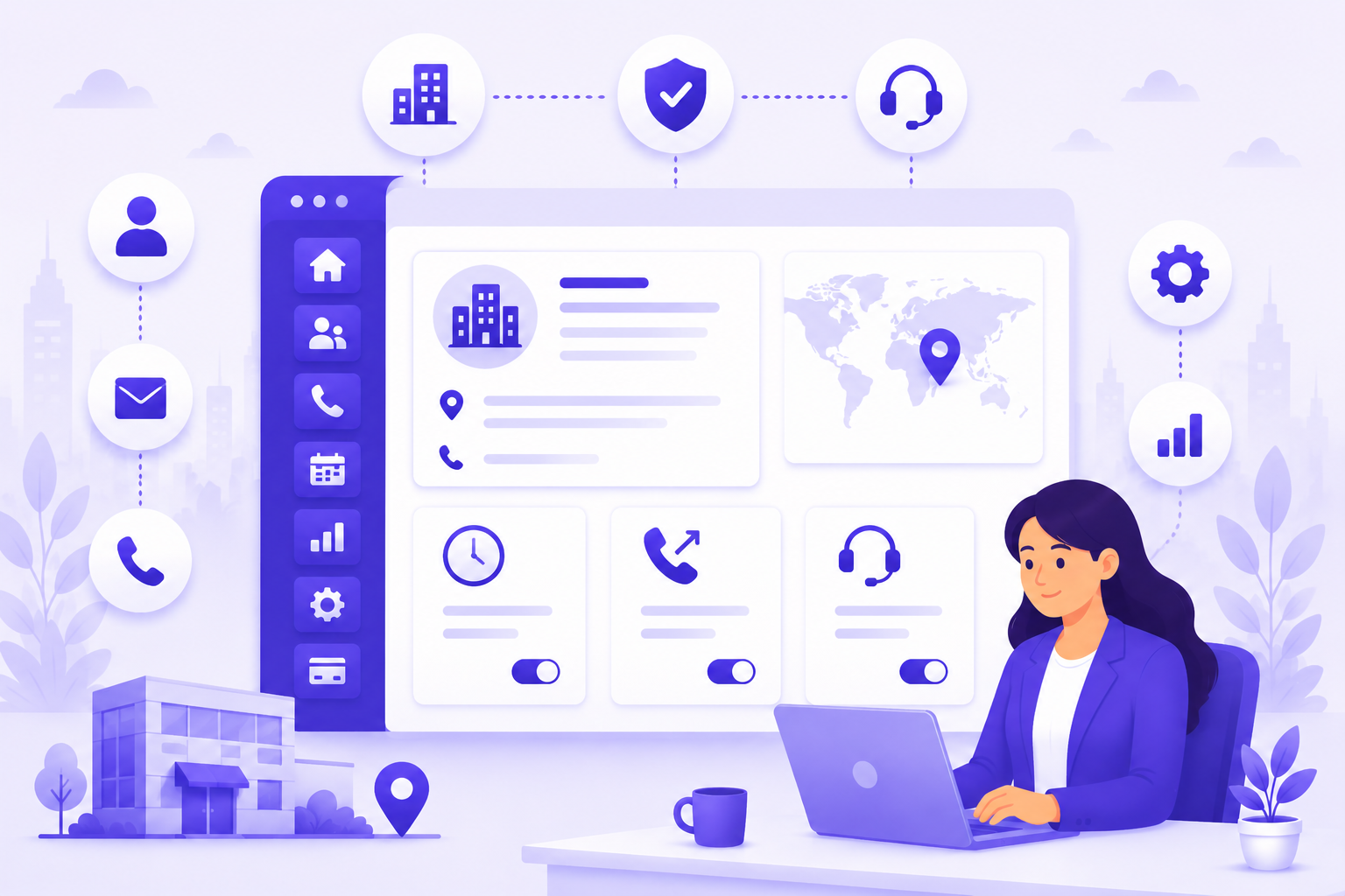 Woman using laptop at desk with business profile dashboard and icons for communication and settings.