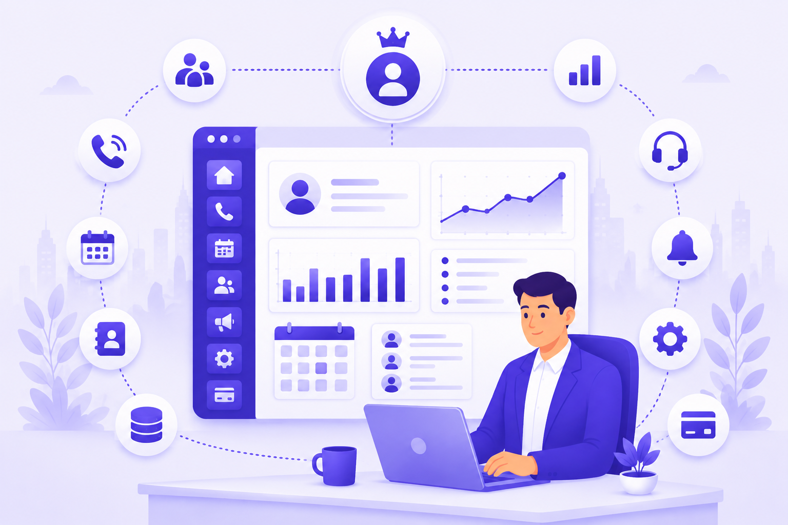 Man in blue suit working on laptop at desk with business dashboard and icons around him.
