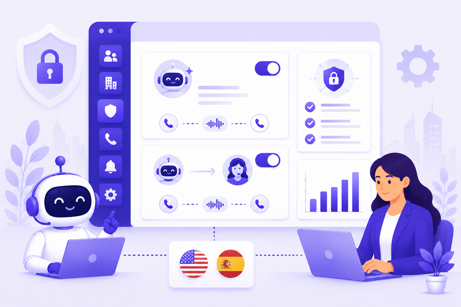 Robot and woman work on laptops, with chatbot interface and language flags (USA, Spain) between them.