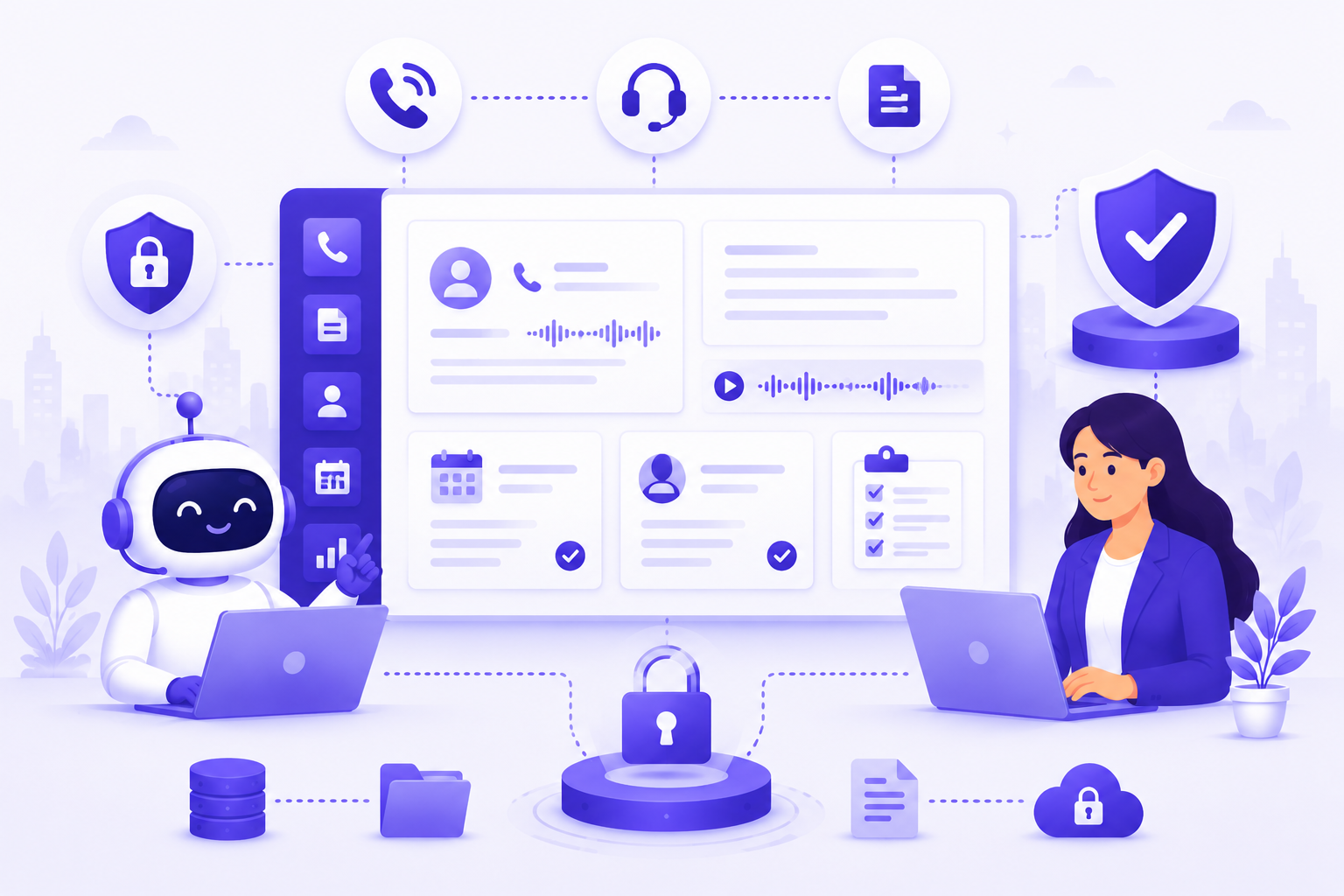 Robot and woman using laptops with secured call management interface and security icons around them.