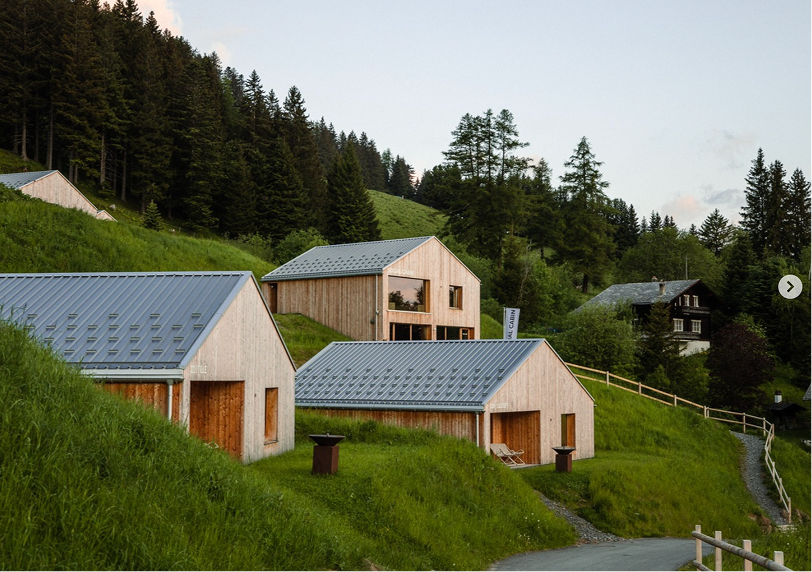 Chalets en bois aux toits gris sur une pente verte au pied de la forêt – hôtel bulle Whitepod dans les Alpes suisses