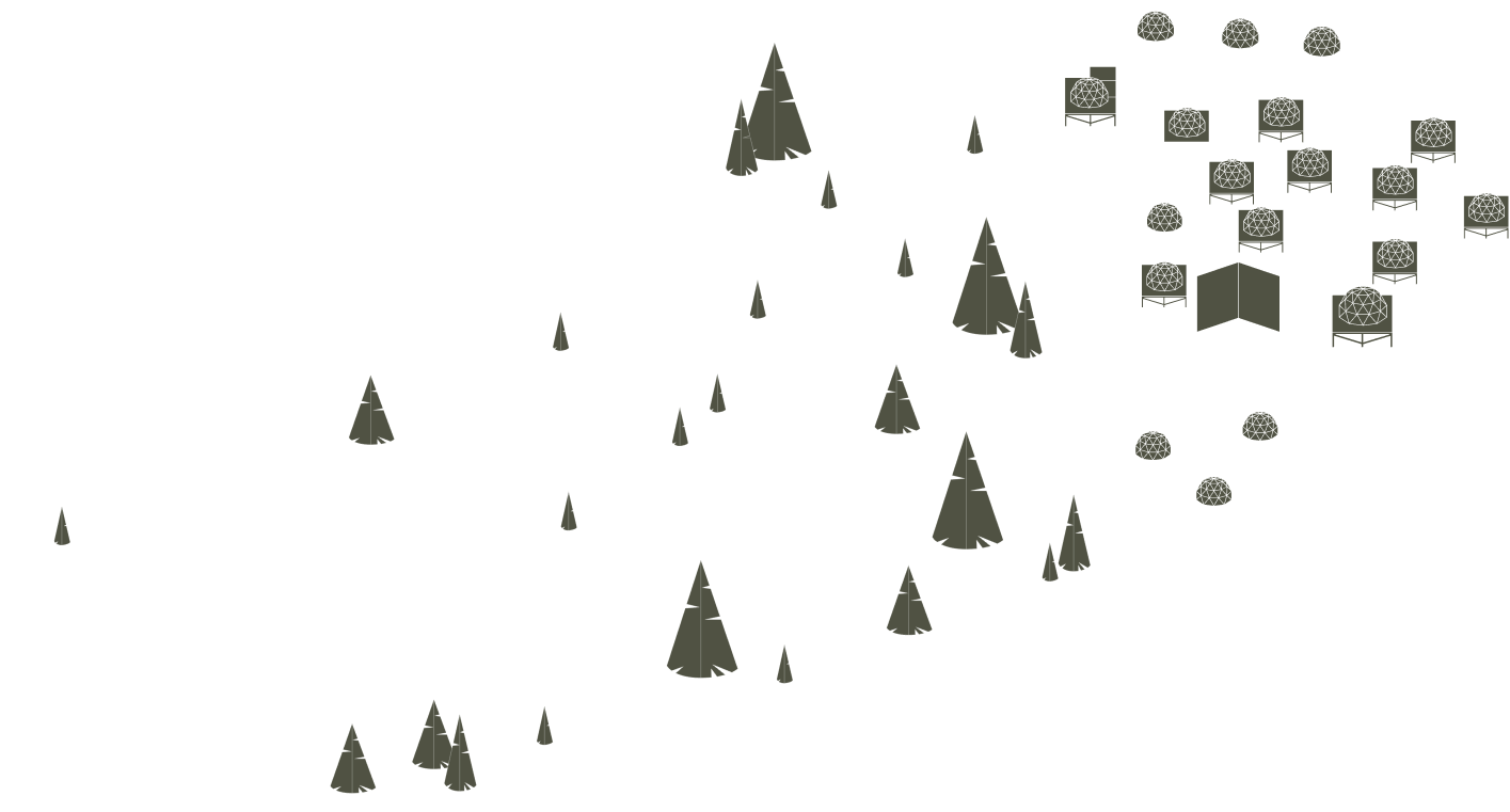 Illustration du domaine avec pods en dôme, chalets, sapins et sentiers – Whitepod, hôtel insolite dans les Alpes suisses